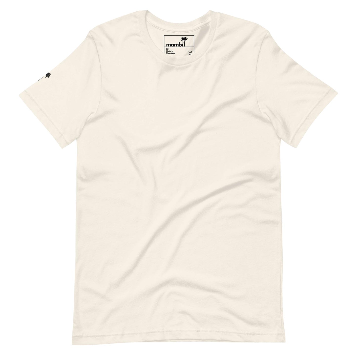 Off-white short-sleeve t-shirt with a small black Mambí logo tag on the collar and a tiny black palm tree icon on the left sleeve. The shirt is plain, featuring no other visible designs or patterns.