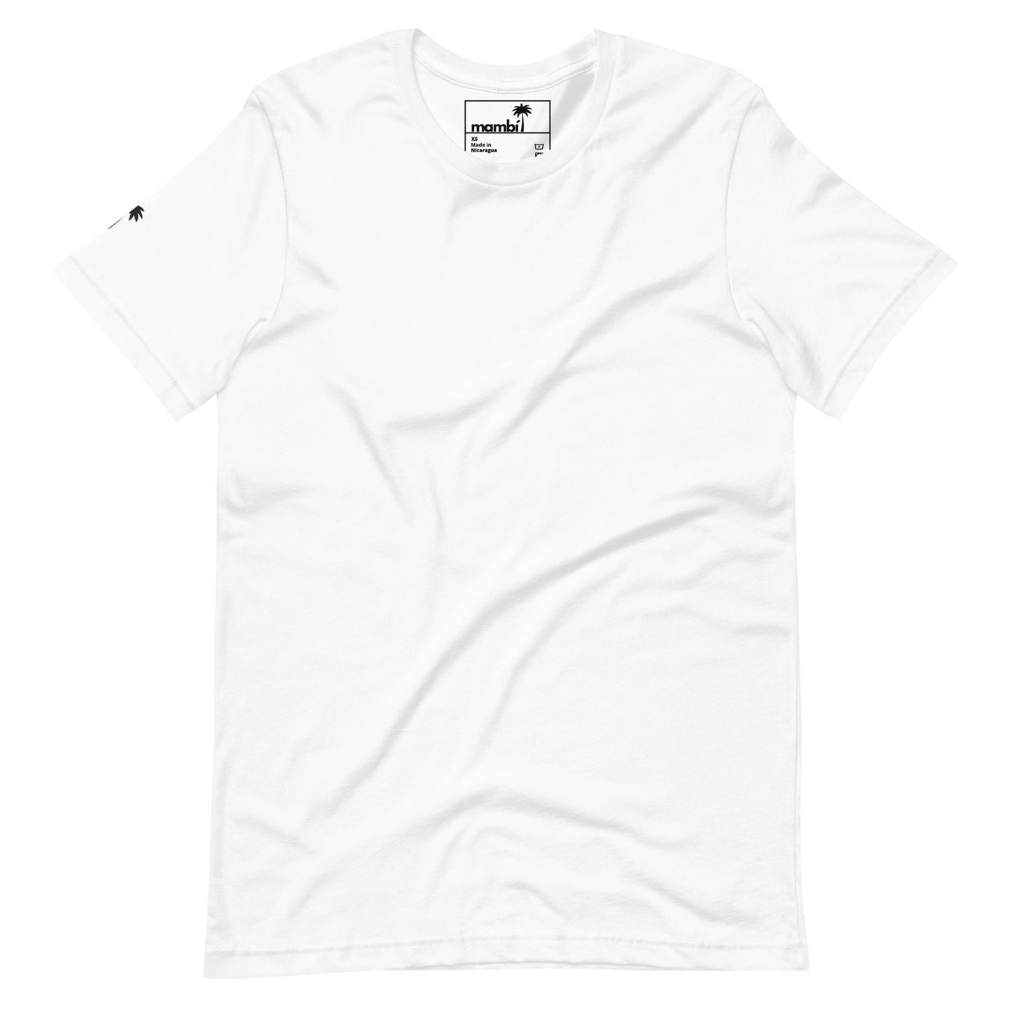 A plain white short-sleeve t-shirt displayed flat, featuring a small black Mambí logo on the left sleeve and a visible inner neck label. The shirt has a classic crew neckline and a relaxed fit.