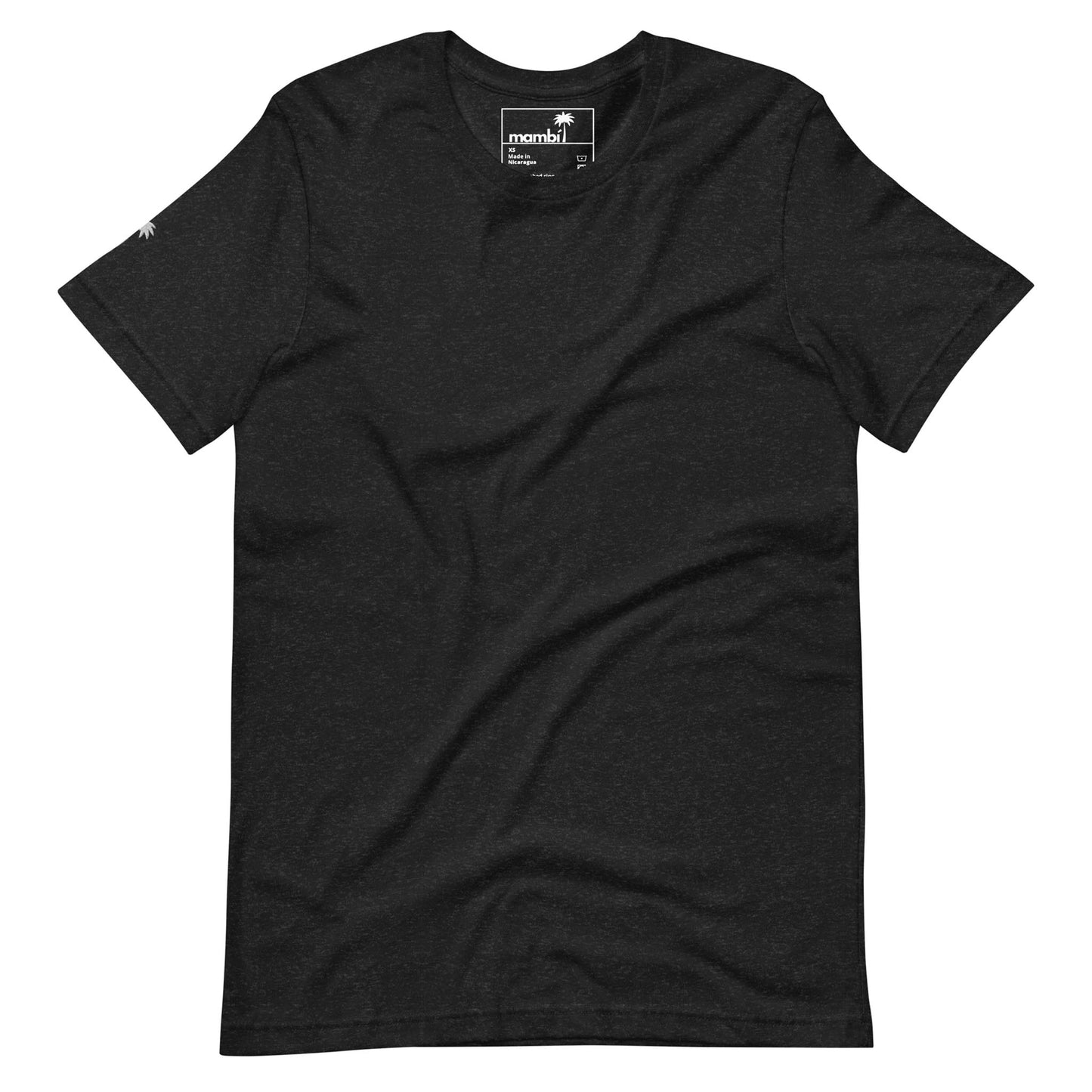 A plain black Mambí short-sleeve t-shirt with a small white tag inside the collar and a subtle logo on the left sleeve. The shirt is laid flat on a white background.