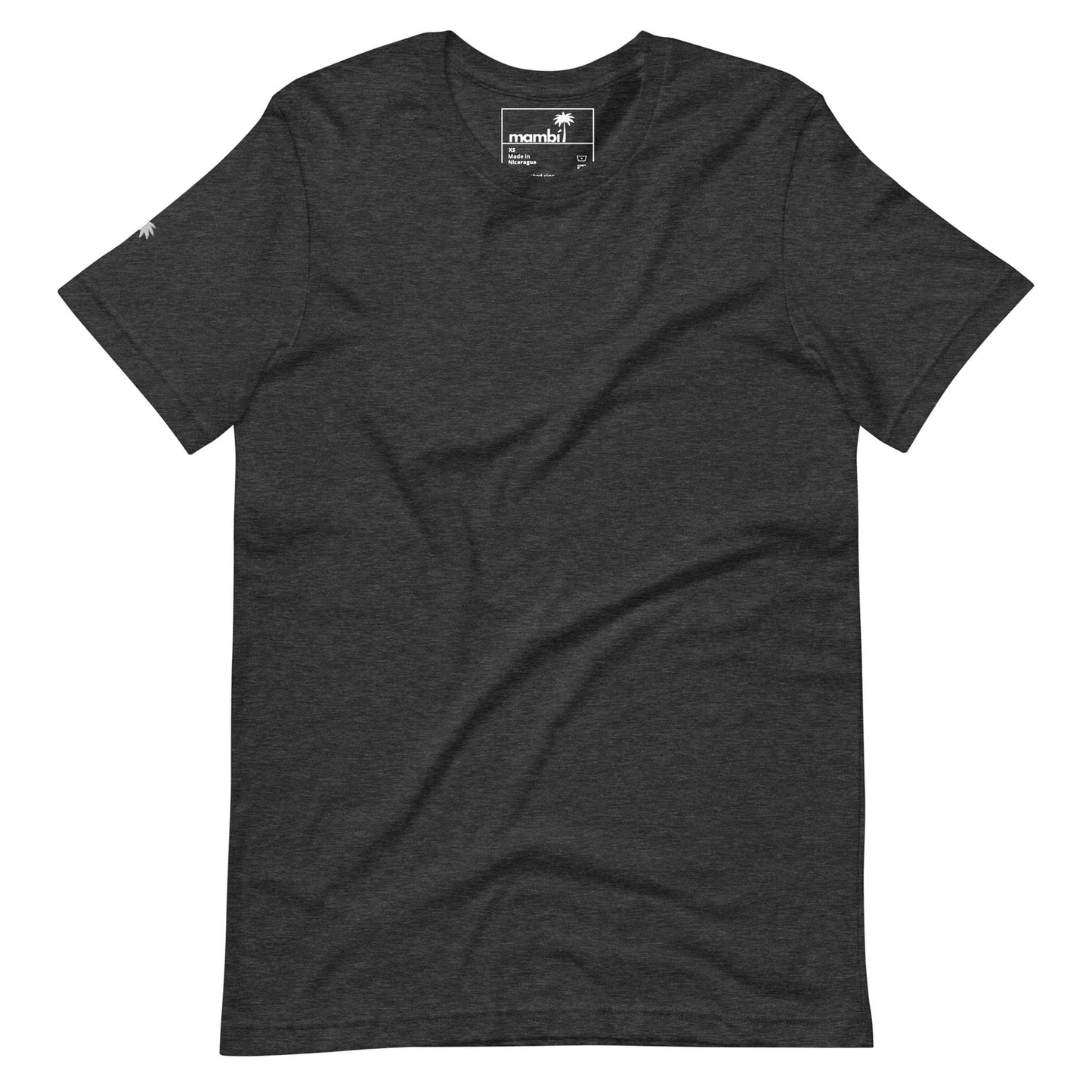 A plain, short-sleeve, dark gray t-shirt is laid flat. The collar label reads Mambí and there is a small palm tree logo on the left sleeve. The shirt has a simple, casual design.
