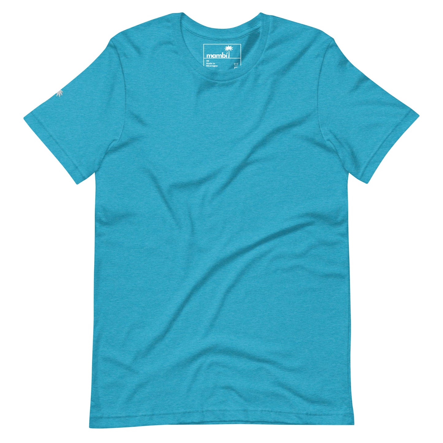 A plain turquoise short-sleeve T-shirt is laid flat on a white background. The shirt features a simple design with a small white palm tree logo on the left sleeve and the Mambí brand label visible inside the collar.