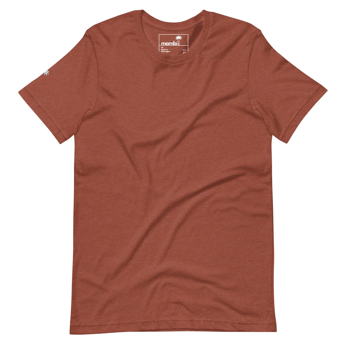 A plain, short-sleeve crew neck Mambí t-shirt in a muted reddish-brown color, displayed flat on a white background. A small white palm tree logo accents the left sleeve.