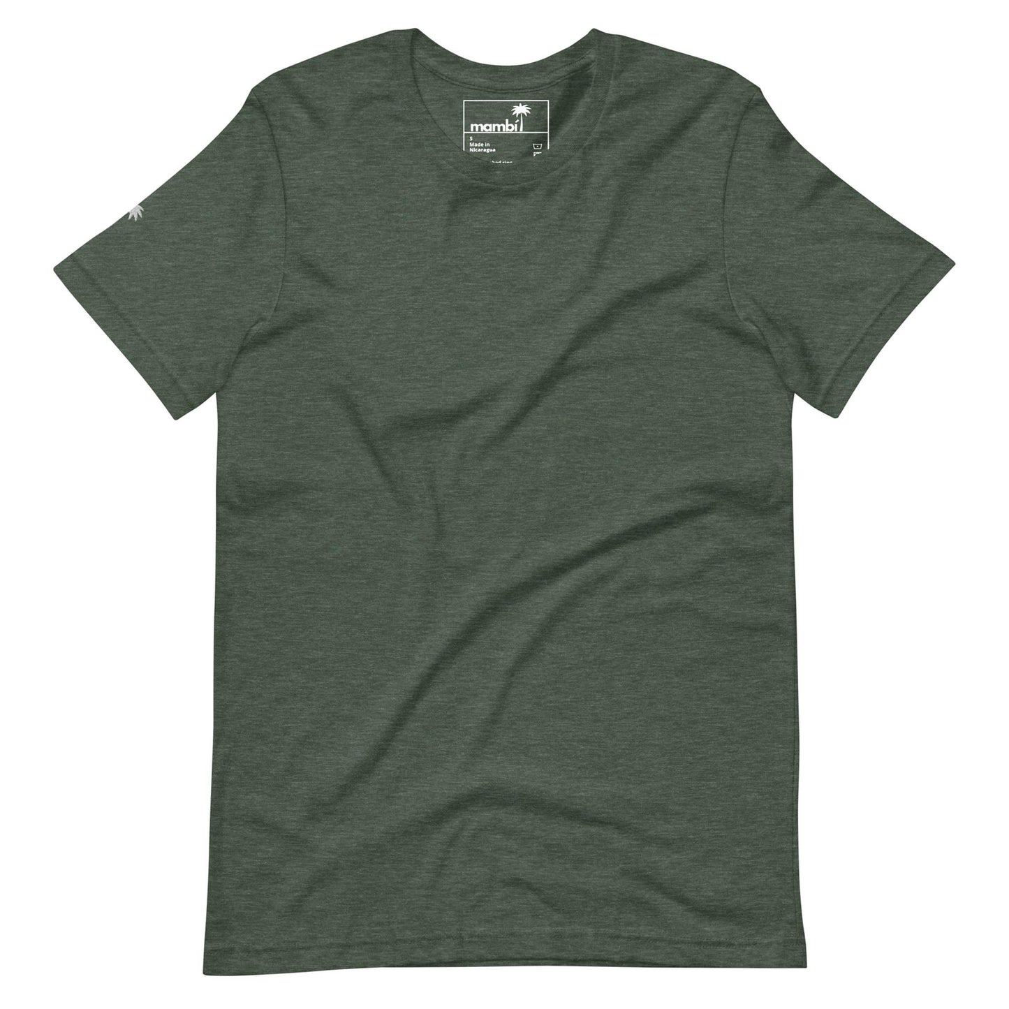 A plain dark green short-sleeve t-shirt lies flat, featuring a small Mambí logo on the neck tag and a tiny design on the left sleeve. The shirt has a soft, slightly heathered texture.