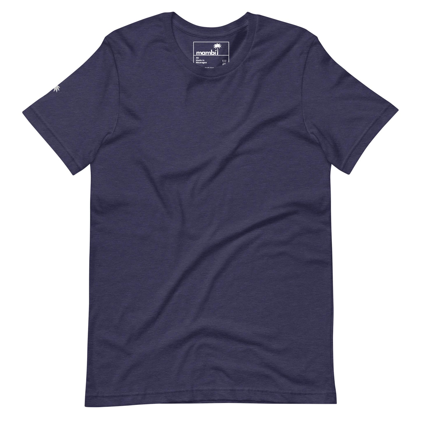 A plain, short-sleeved, dark blue Mambí T-shirt lies flat on a white background. There is a small white palm tree logo near the left shoulder and a visible brand tag inside the collar.