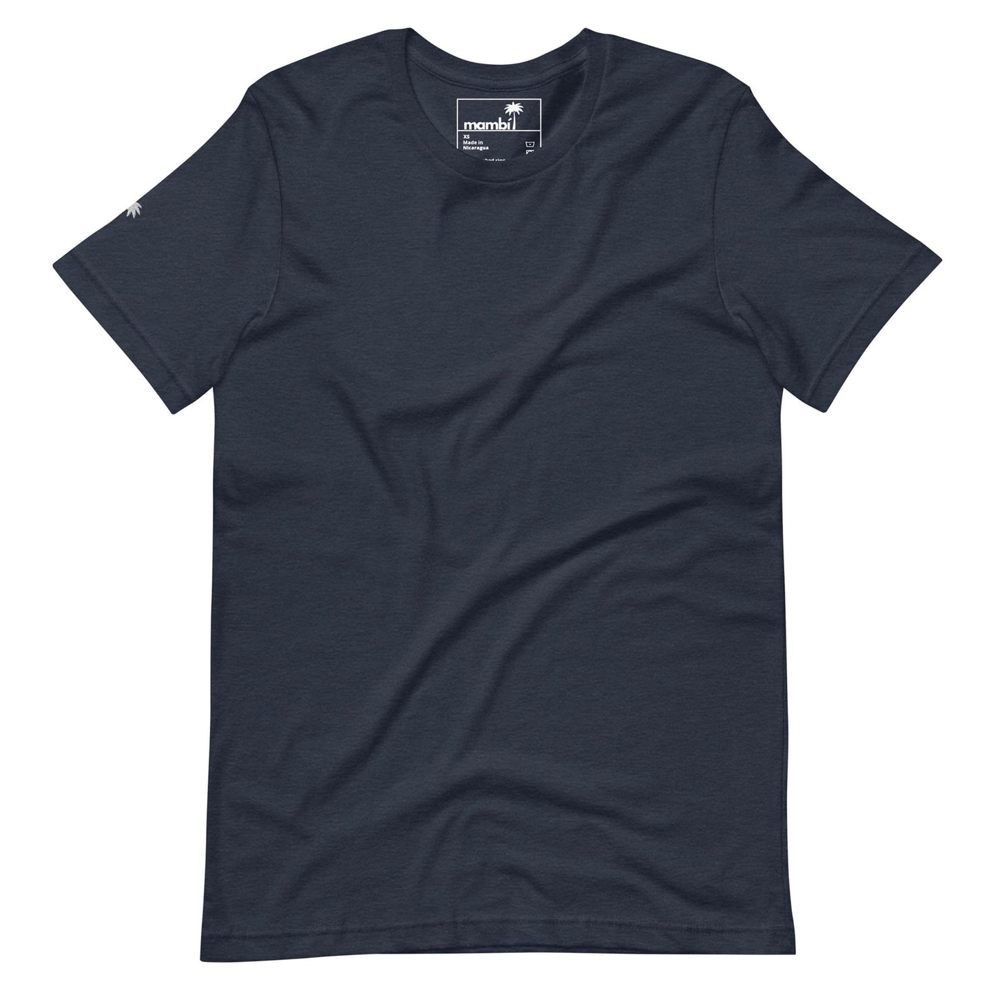 A plain, short-sleeved, navy blue Mambí T-shirt is laid flat on a white background. The shirt features a small palm tree logo on the left sleeve and a visible neck tag with branding.