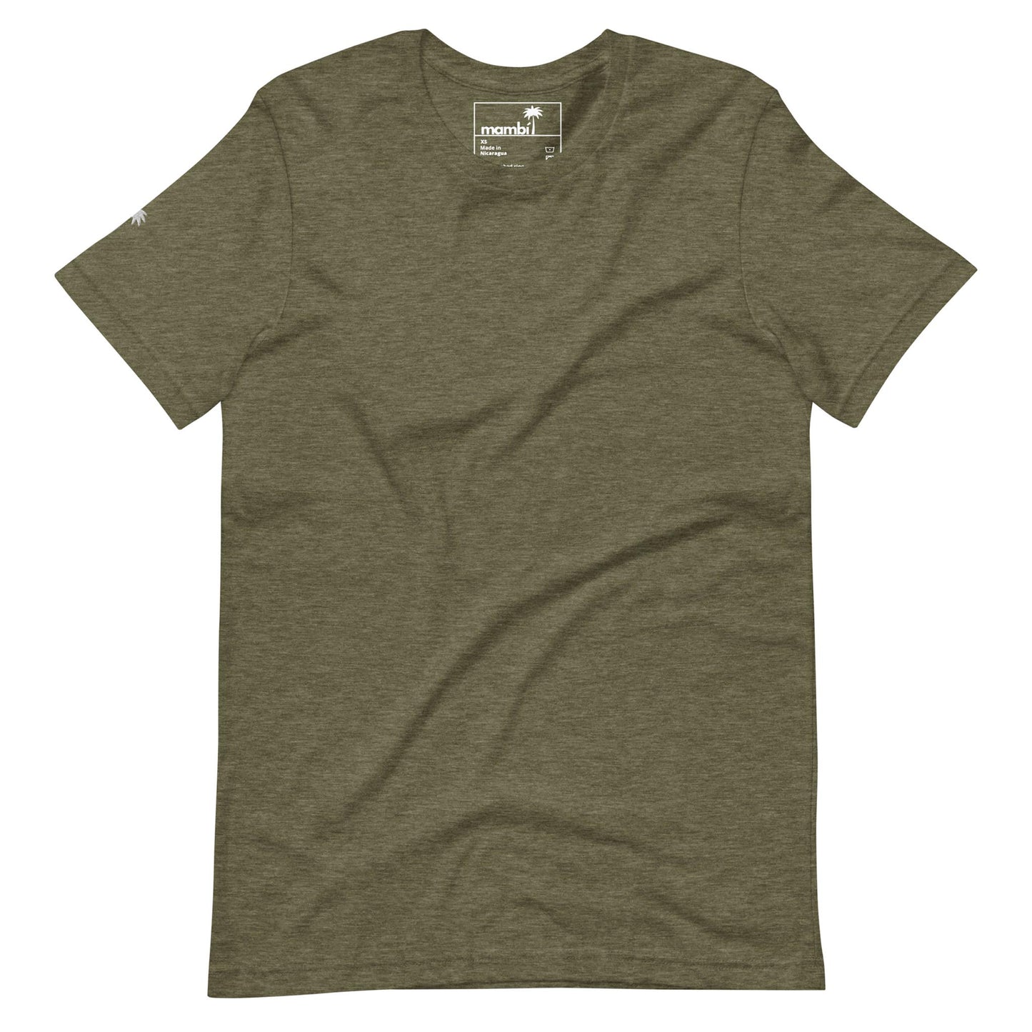 An olive green short-sleeve t-shirt by Mambí is displayed flat on a white background, featuring a small palm tree logo and the brand name visible on the inside neck label.