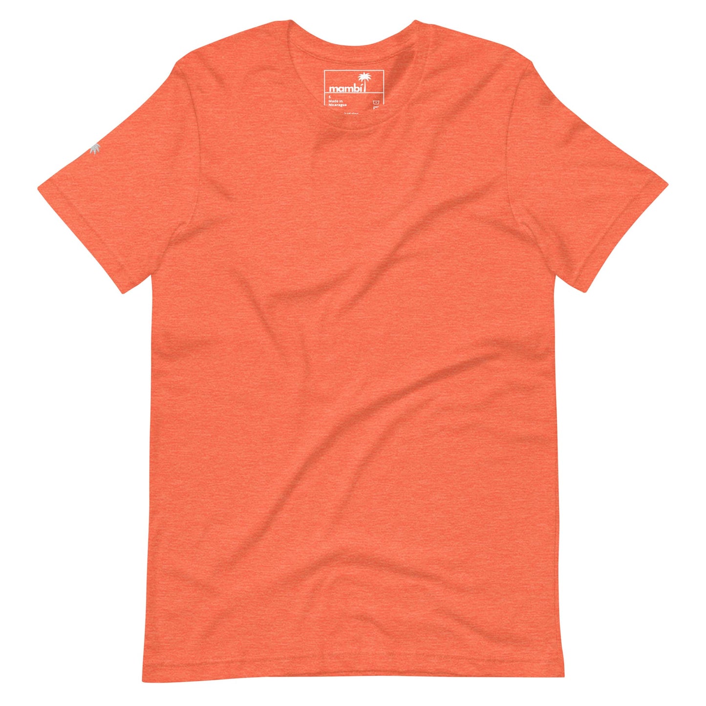 A plain, short-sleeved, orange Mambí t-shirt is laid flat with slight wrinkles visible. The shirt features a crew neckline and minimal visible branding near the collar tag and on the left sleeve.