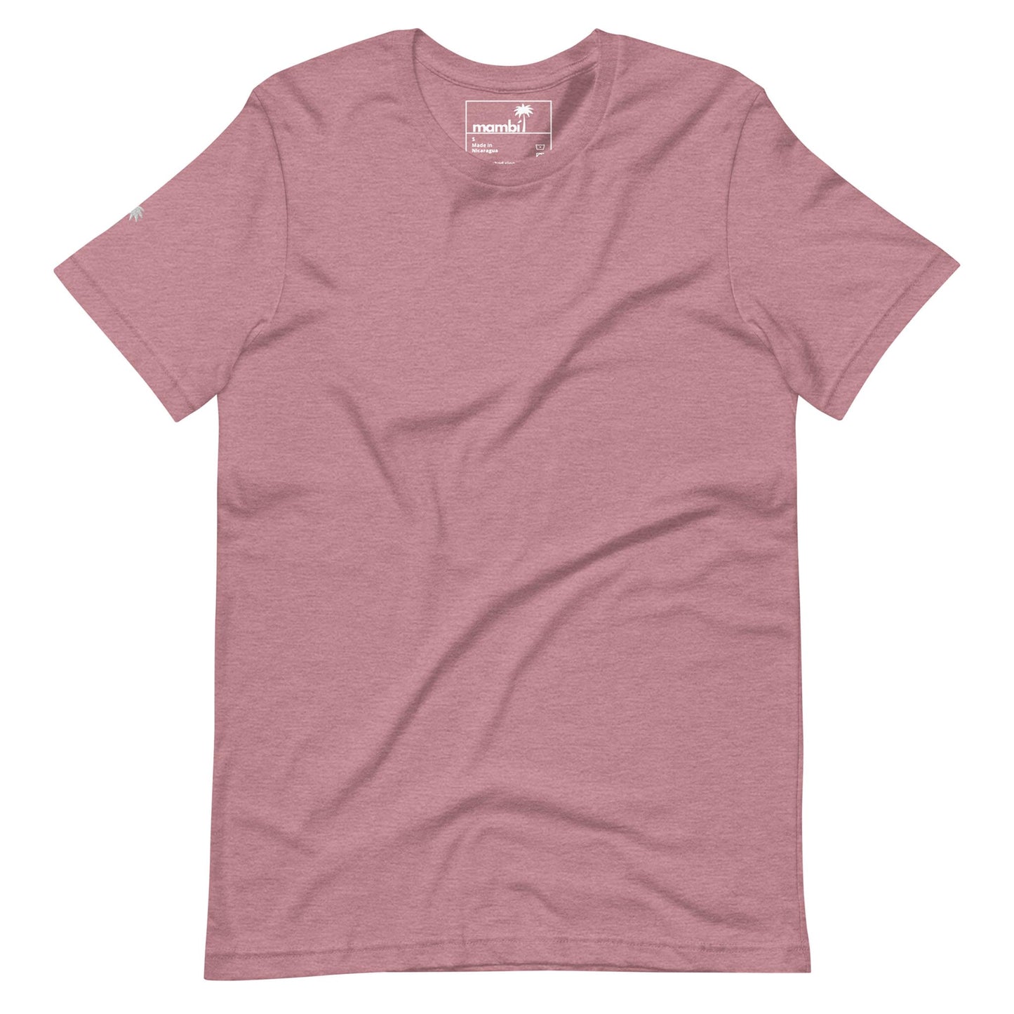 A plain, short-sleeve, crew neck Mambí t-shirt in a muted rose pink color, laid flat on a white background. The fabric appears soft with slight natural wrinkles.