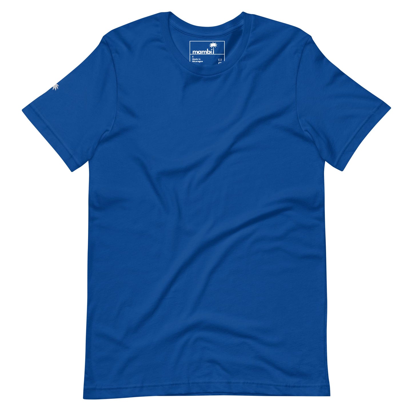 A plain royal blue short-sleeve t-shirt laid flat, featuring a small white palm tree logo on the left sleeve and a Mambí-branded tag inside the collar.
