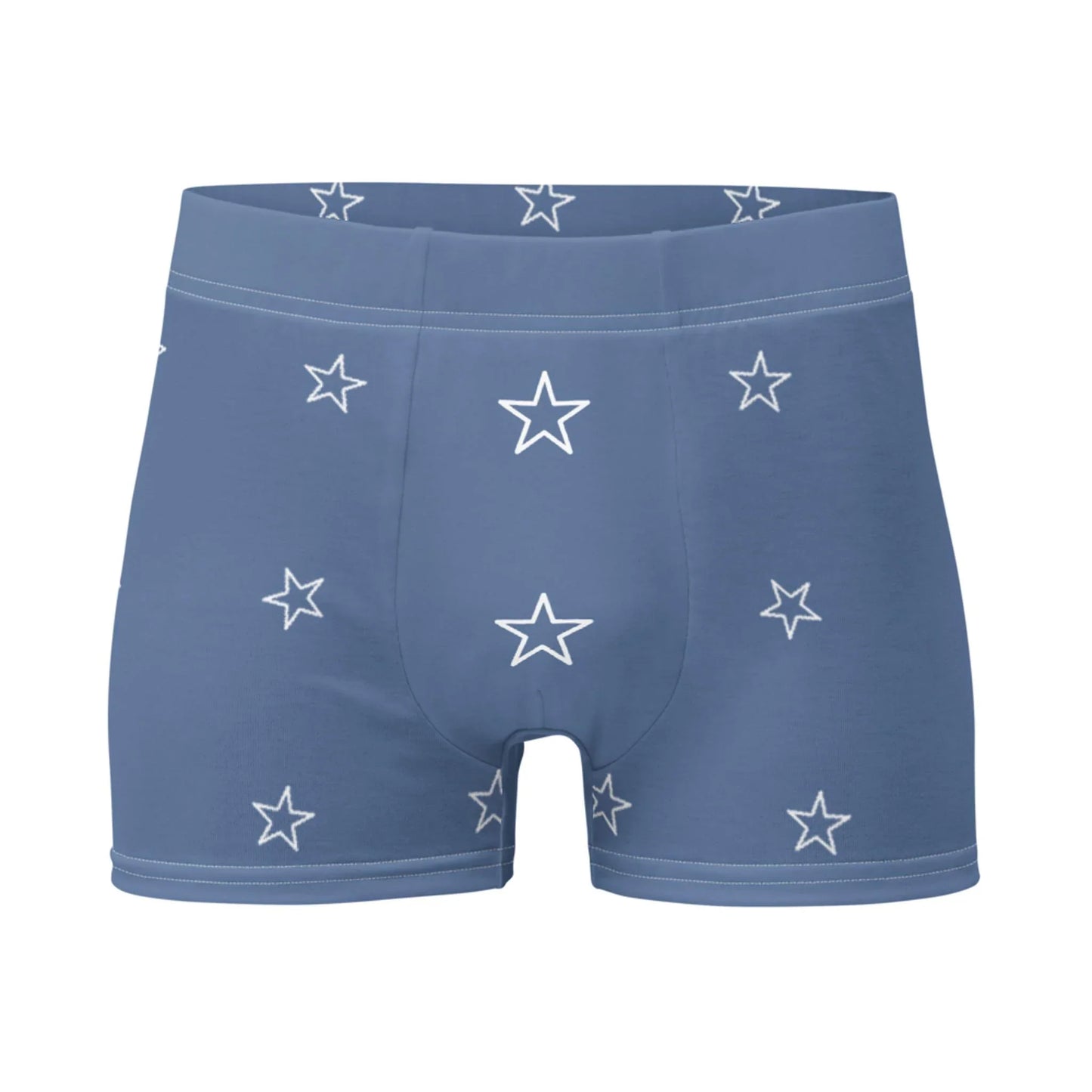 Blue Mambí mens boxer briefs featuring a white star pattern all over, displayed on a plain white background.