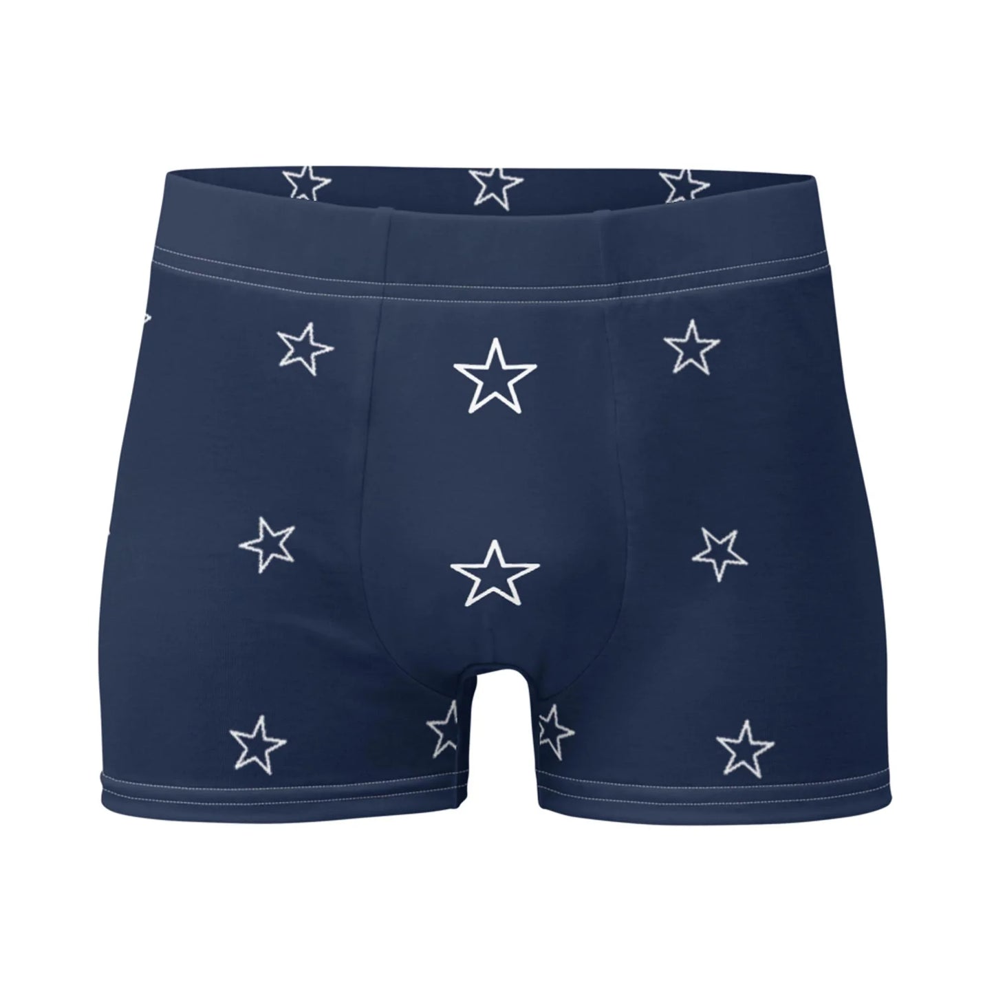 Navy blue Mambí mens boxer briefs featuring a pattern of white outlined stars scattered across the fabric, displayed on a plain white background.