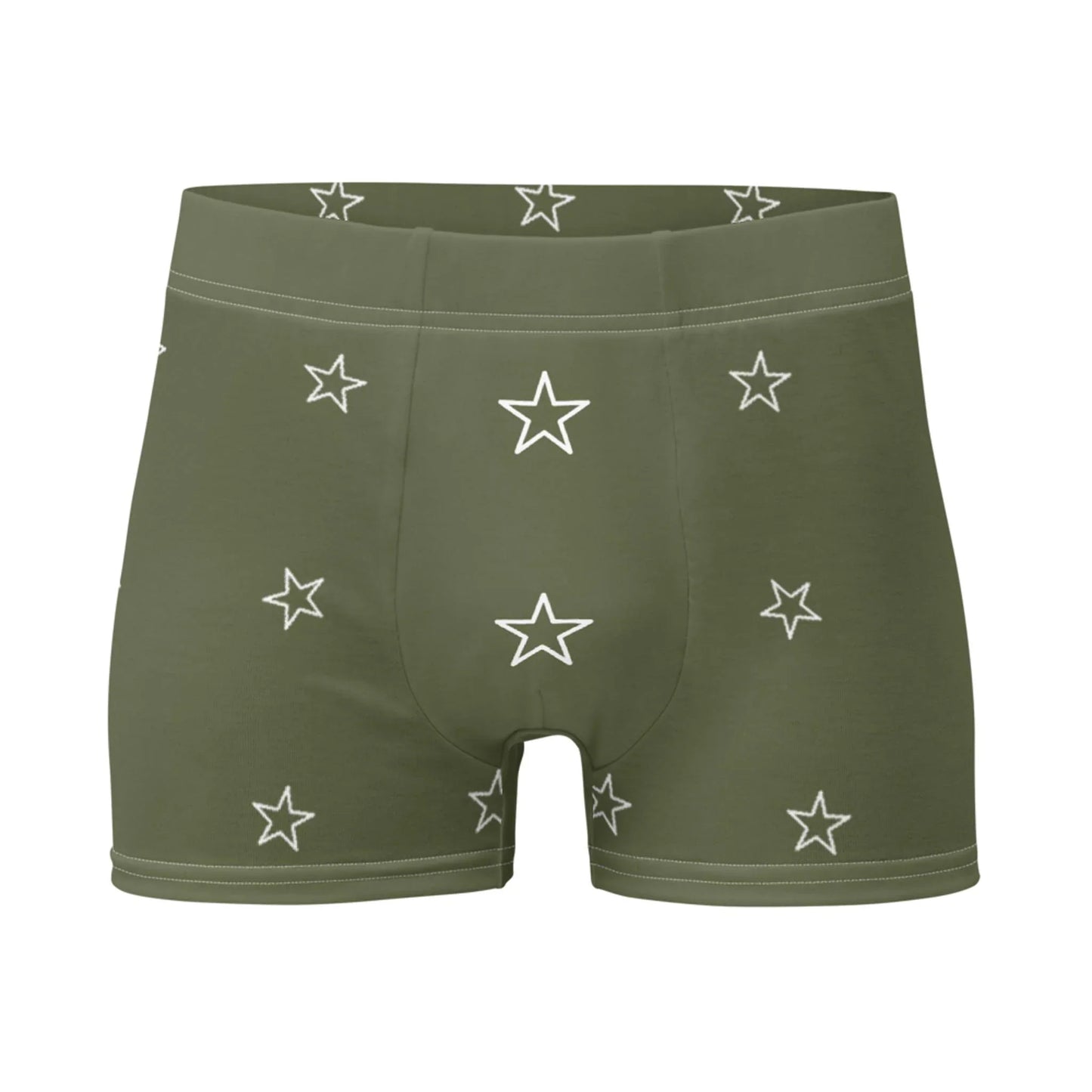 Olive green Mambí men’s boxer briefs featuring a pattern of white outlined stars scattered across the fabric, shown on a plain white background.