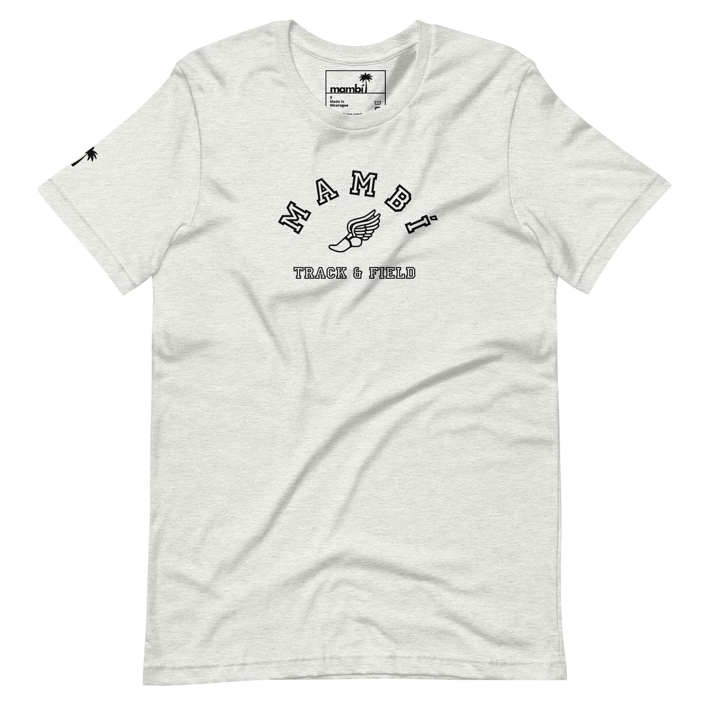 A light gray short-sleeve t-shirt featuring Mambí and a winged shoe graphic on the chest, with TRACK & FIELD printed below. A small palm tree graphic accents the left sleeve.