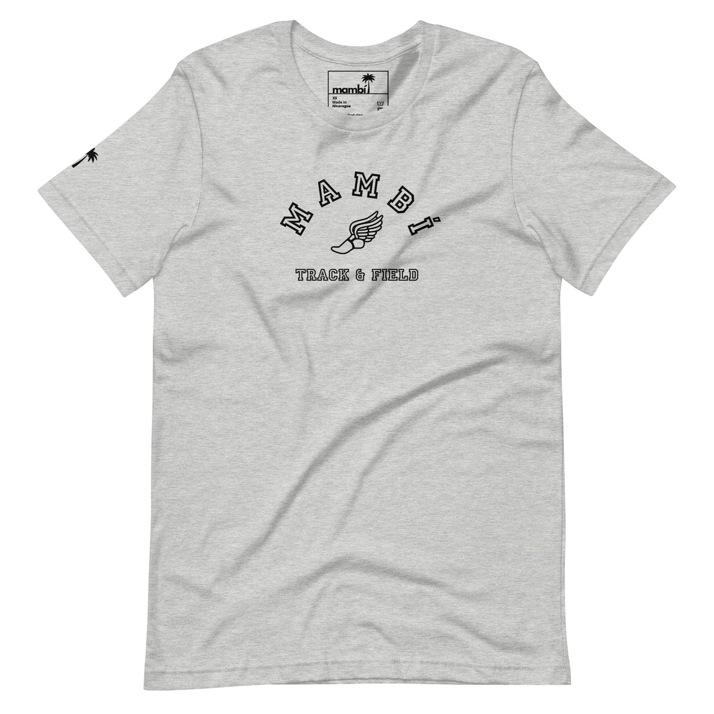 Light gray Mambí Track & Field t-shirt featuring a winged shoe graphic on the chest, a small palm tree on the left sleeve, and a brand label inside the collar.