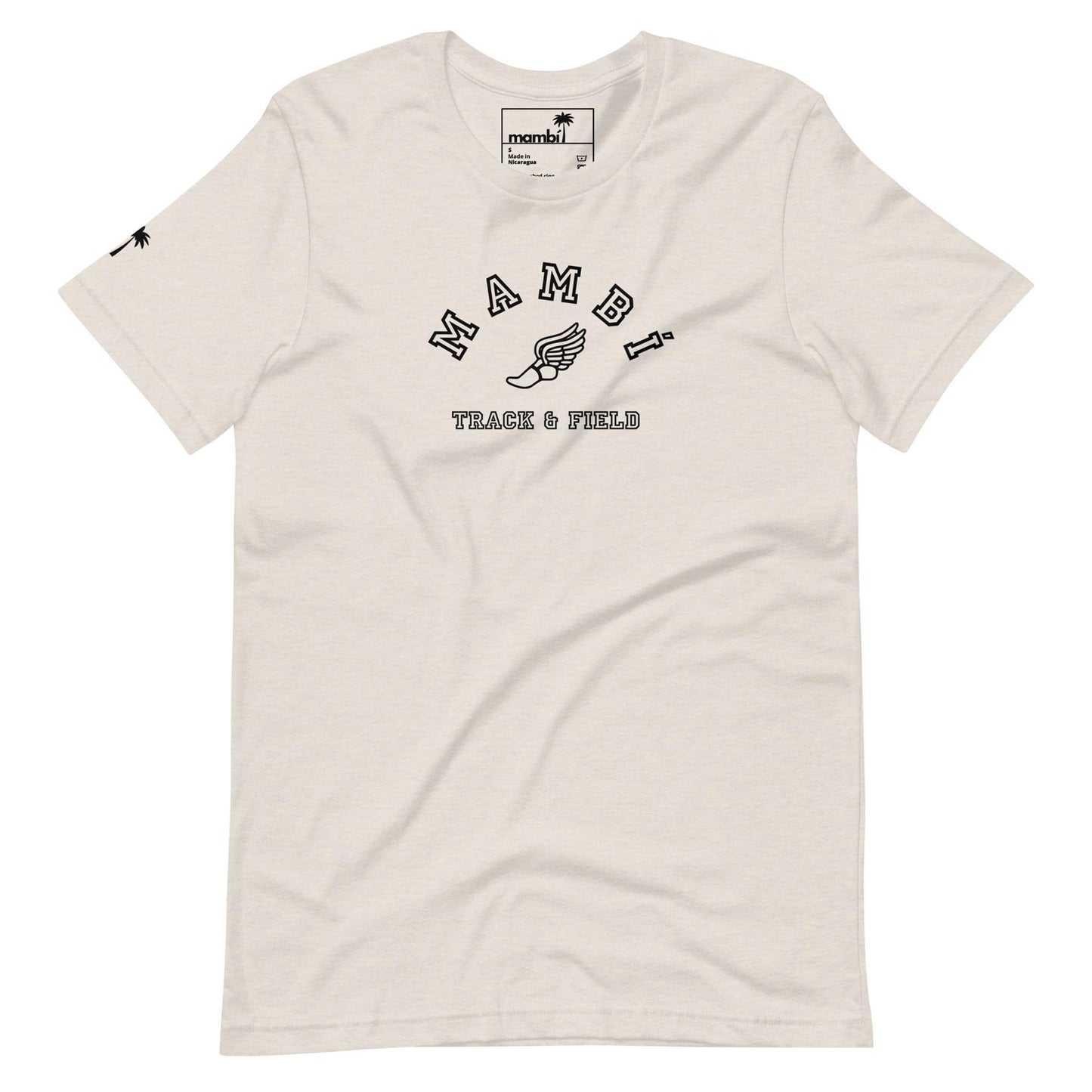 Beige t-shirt featuring Mambí TRACK & FIELD with a winged shoe graphic on the chest and a small palm tree design on the left sleeve.