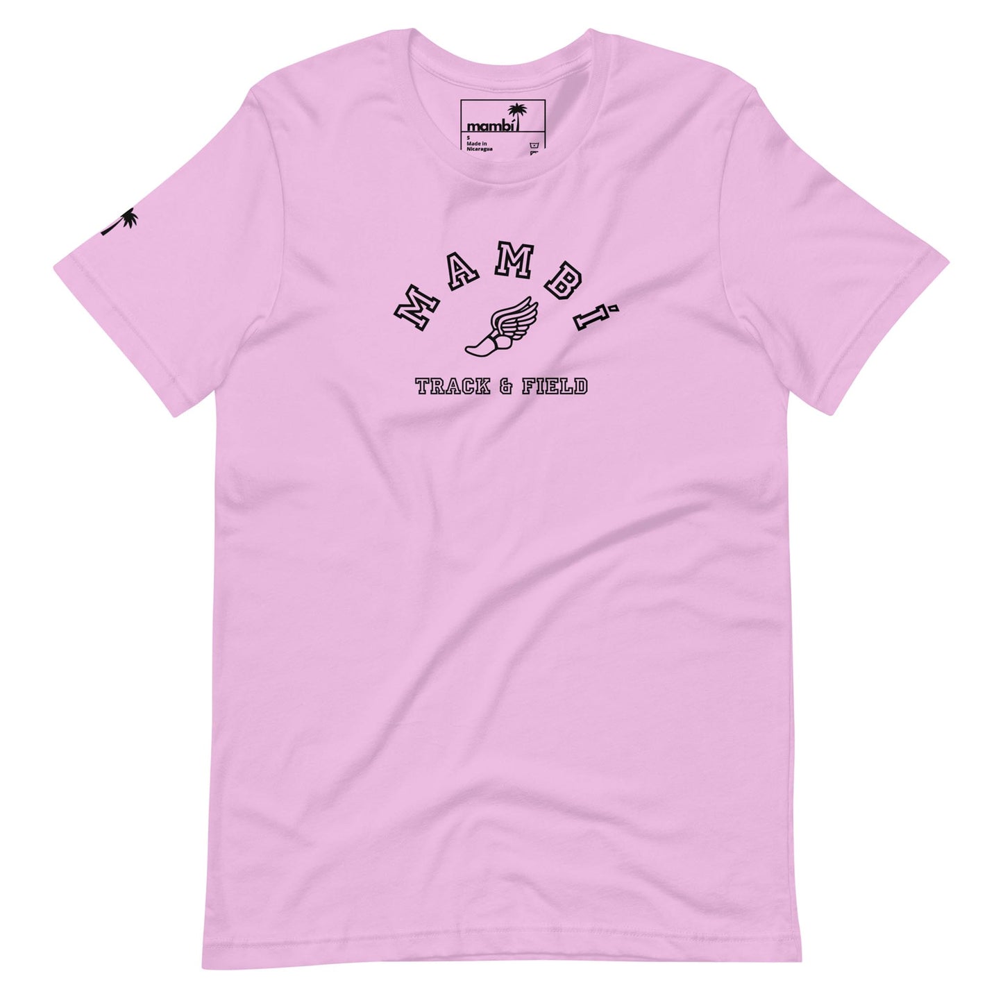 Light pink Mambí T-shirt featuring MAMBI TRACK & FIELD and a winged foot graphic in black on the chest, plus a small palm tree icon on the left sleeve.