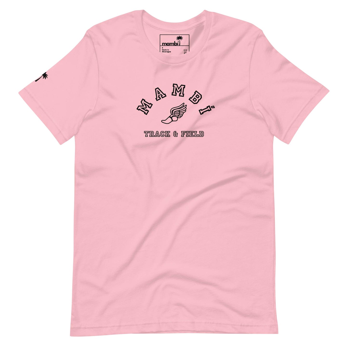 A light pink T-shirt featuring Mambí in black arch text, a winged foot graphic, and TRACK & FIELD below on the chest. A small palm tree graphic accents the left sleeve near the shoulder.
