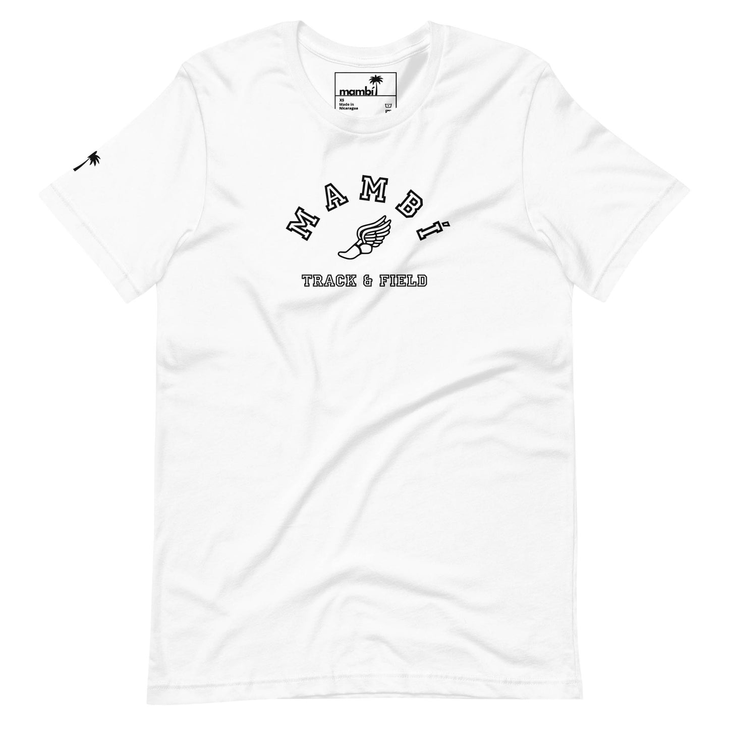 A white t-shirt features Mambí in black letters above a winged shoe graphic, with TRACK & FIELD below. A small black design accents the left sleeve, and a visible neck label completes the look.