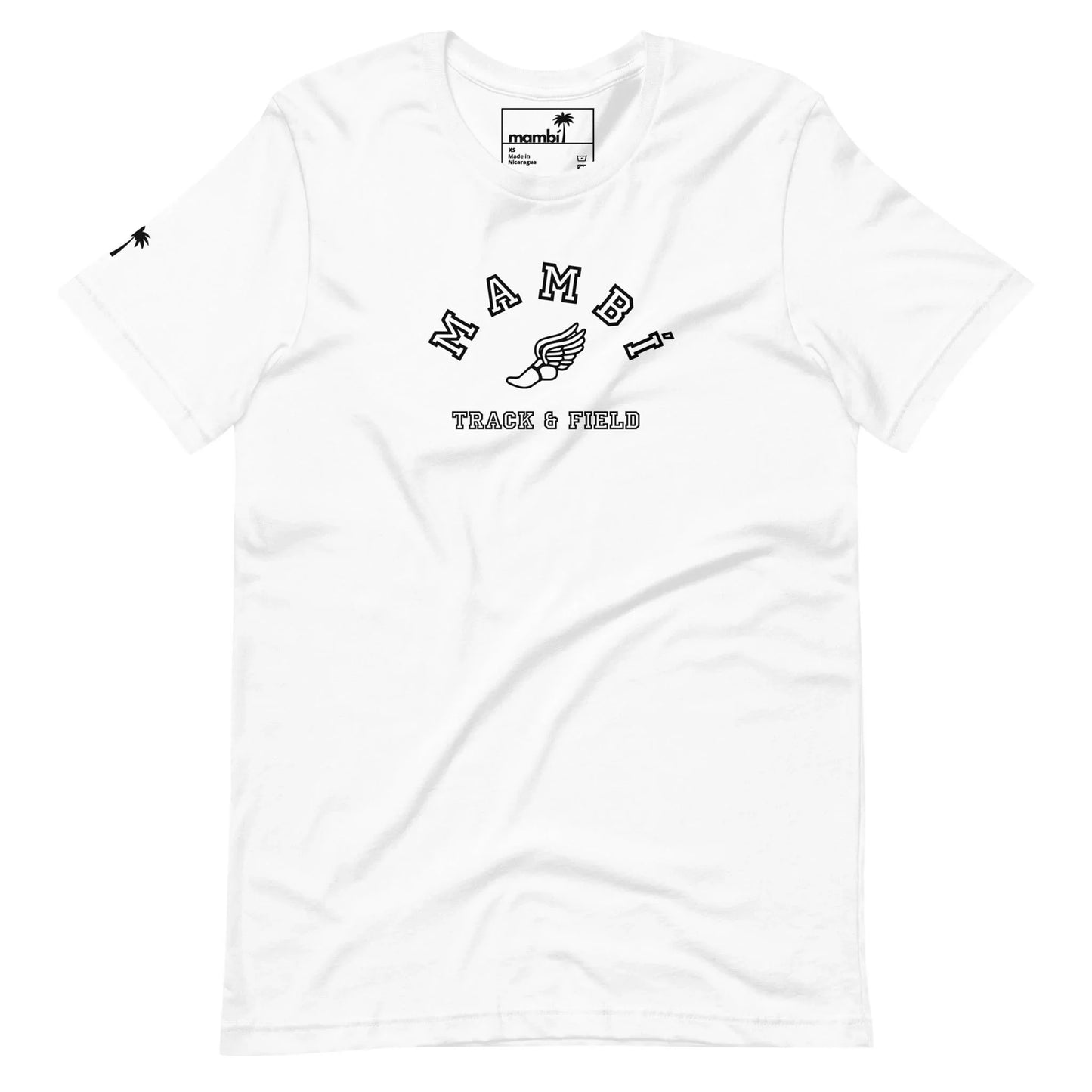 A white t-shirt features Mambí in black letters above a winged shoe graphic, with TRACK & FIELD below. A small black design accents the left sleeve, and a visible neck label completes the look.