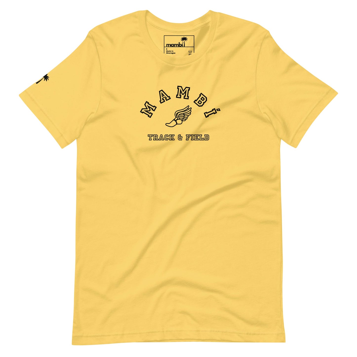 Yellow t-shirt with Mambí in black, arched text above a winged foot graphic; TRACK & FIELD written below. Small logo tag on the collar and a tiny palm tree graphic on the left sleeve.