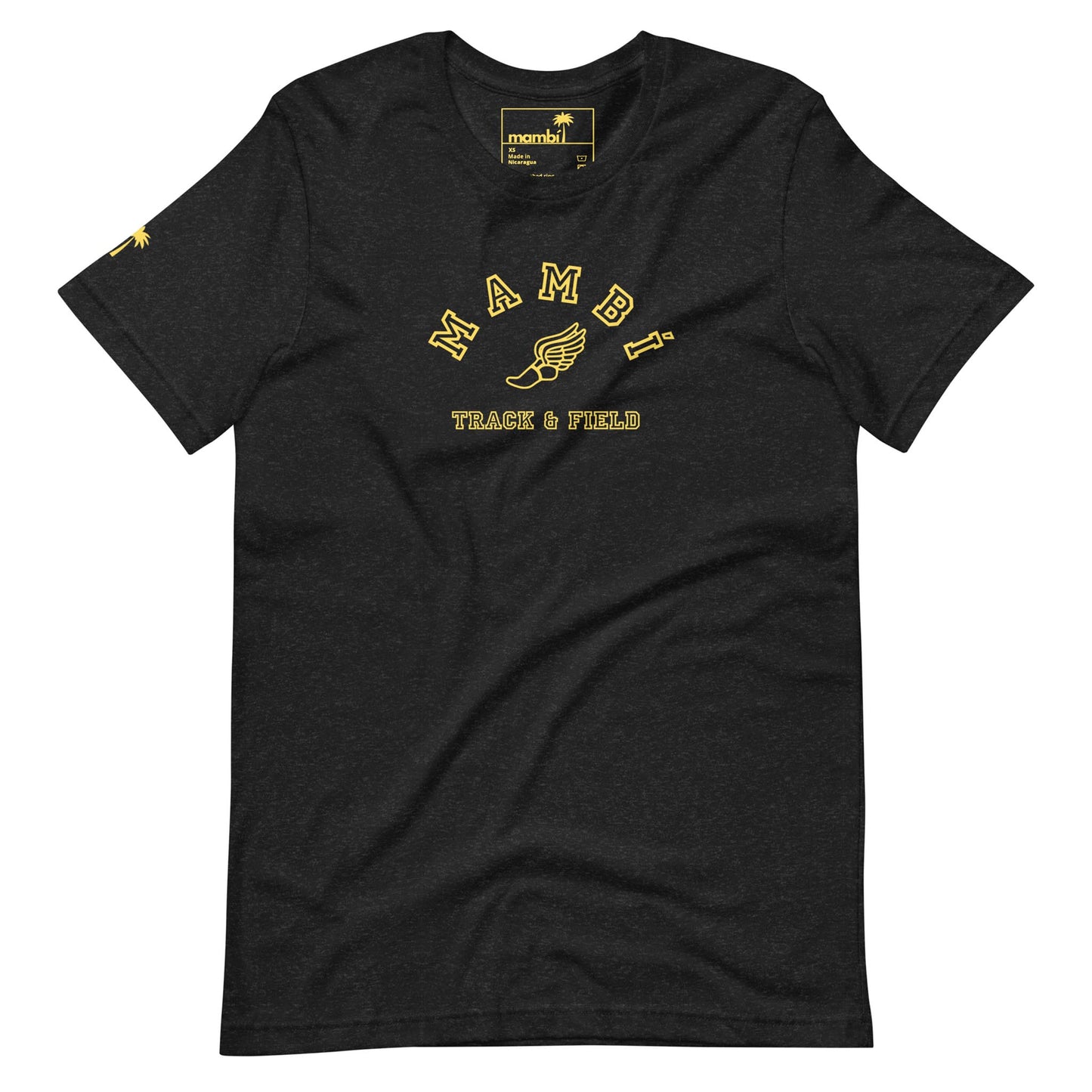 Black t-shirt with Mambí TRACK & FIELD printed in yellow and a winged foot graphic below Mambí. Small yellow logo details appear on the collar tag and left sleeve.