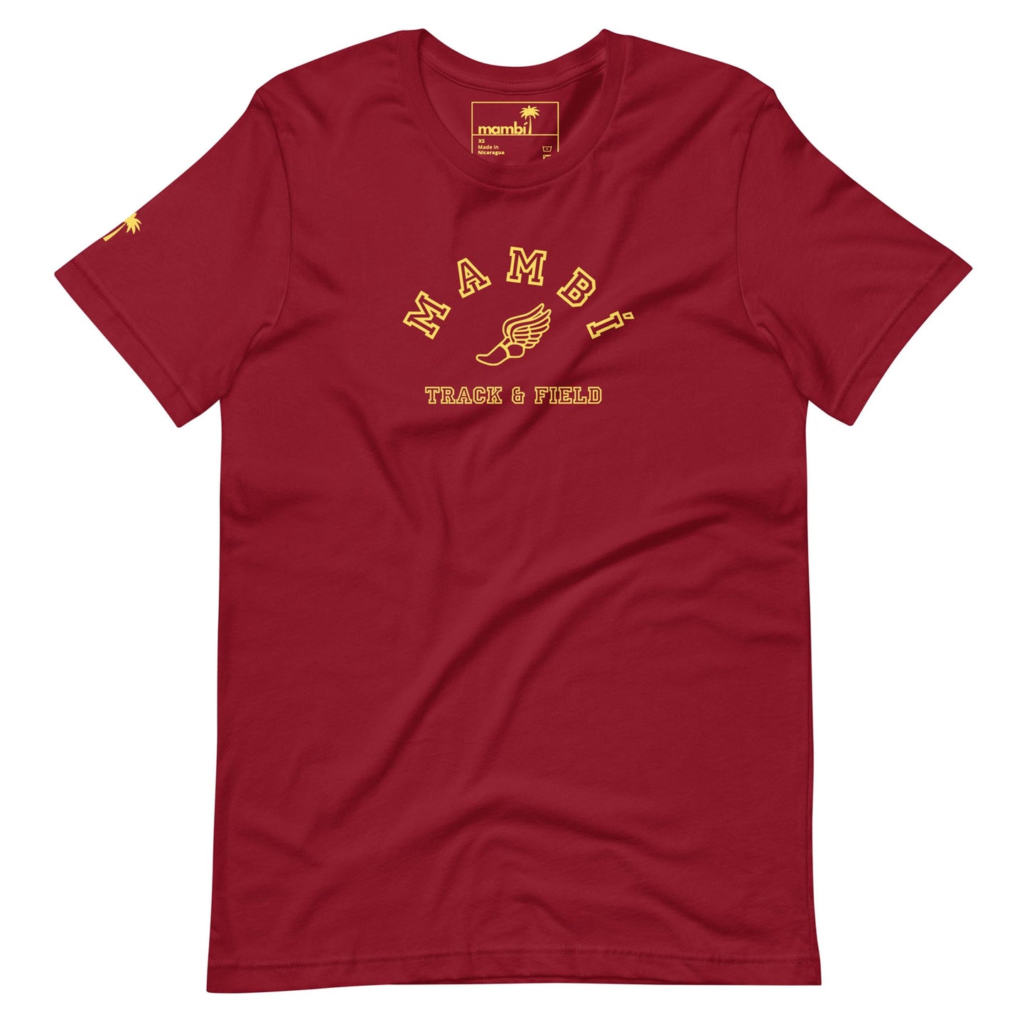 The Falcon Varsity Track & Field Tee by Printful features yellow print and a winged foot graphic on a red shirt, plus an inner brand label—blending nostalgic style with modern comfort.