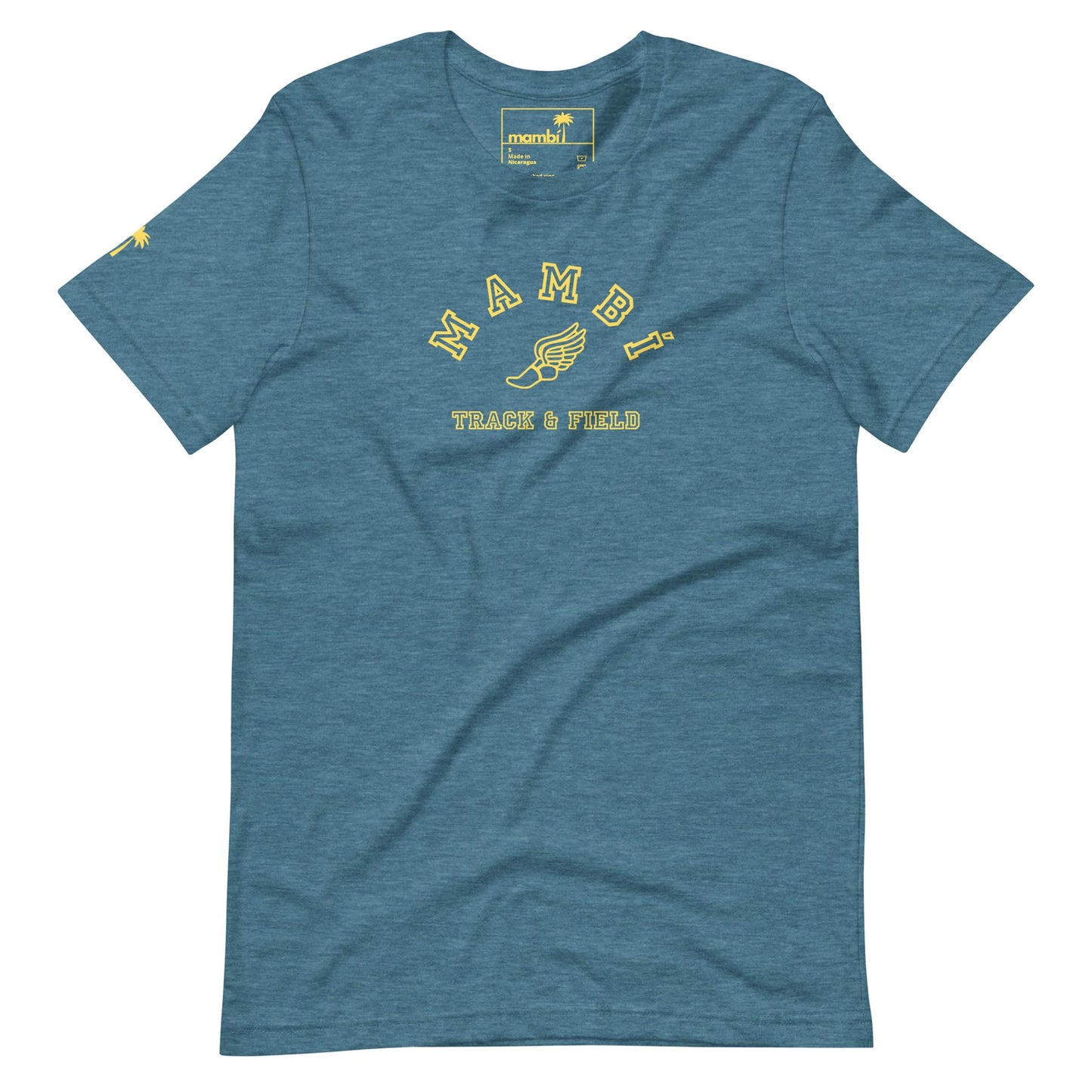 Blue t-shirt with yellow text that reads Mambí TRACK & FIELD above and below a winged shoe graphic. A small yellow palm tree accents the left sleeve, and the brand label is visible inside the collar.