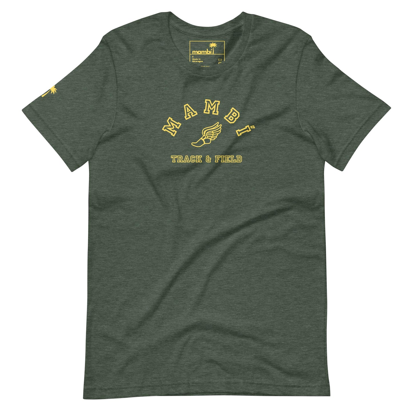 Dark green Mambí t-shirt featuring yellow MAMBI TRACK & FIELD text and a winged foot graphic on the chest, plus a small yellow design on the left sleeve.