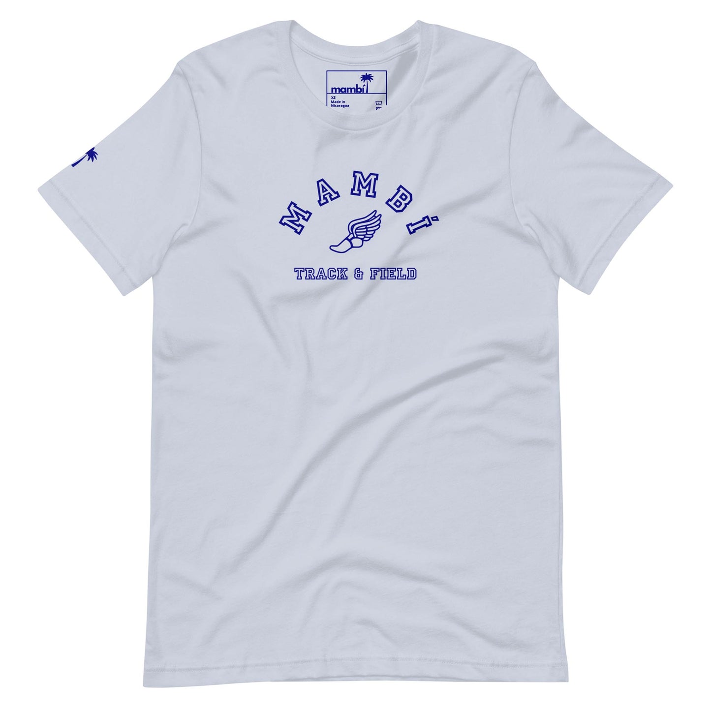 White t-shirt with Mambí in blue letters across the chest, a winged shoe graphic underneath, and TRACK & FIELD below. Features a small blue logo on the left sleeve and a branded tag on the collar.