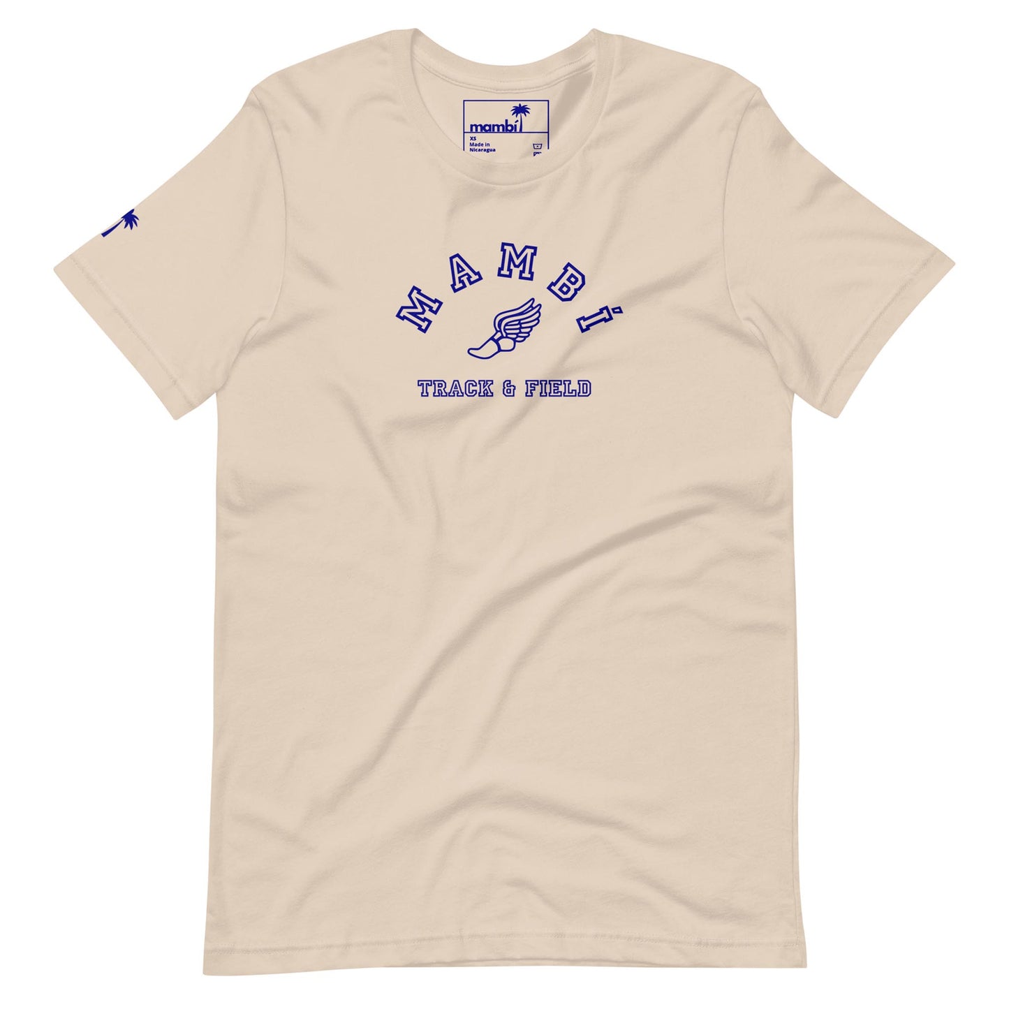 Beige Mambí t-shirt featuring the words TRACK & FIELD in blue text with a winged foot graphic at the center and a small design on the left sleeve near the cuff.