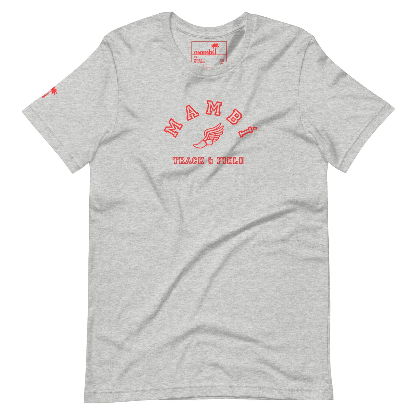 Light gray Mambí t-shirt with red text reading MAMBI TRACK & FIELD and a winged shoe graphic in the center. A small red graphic decorates the left sleeve.