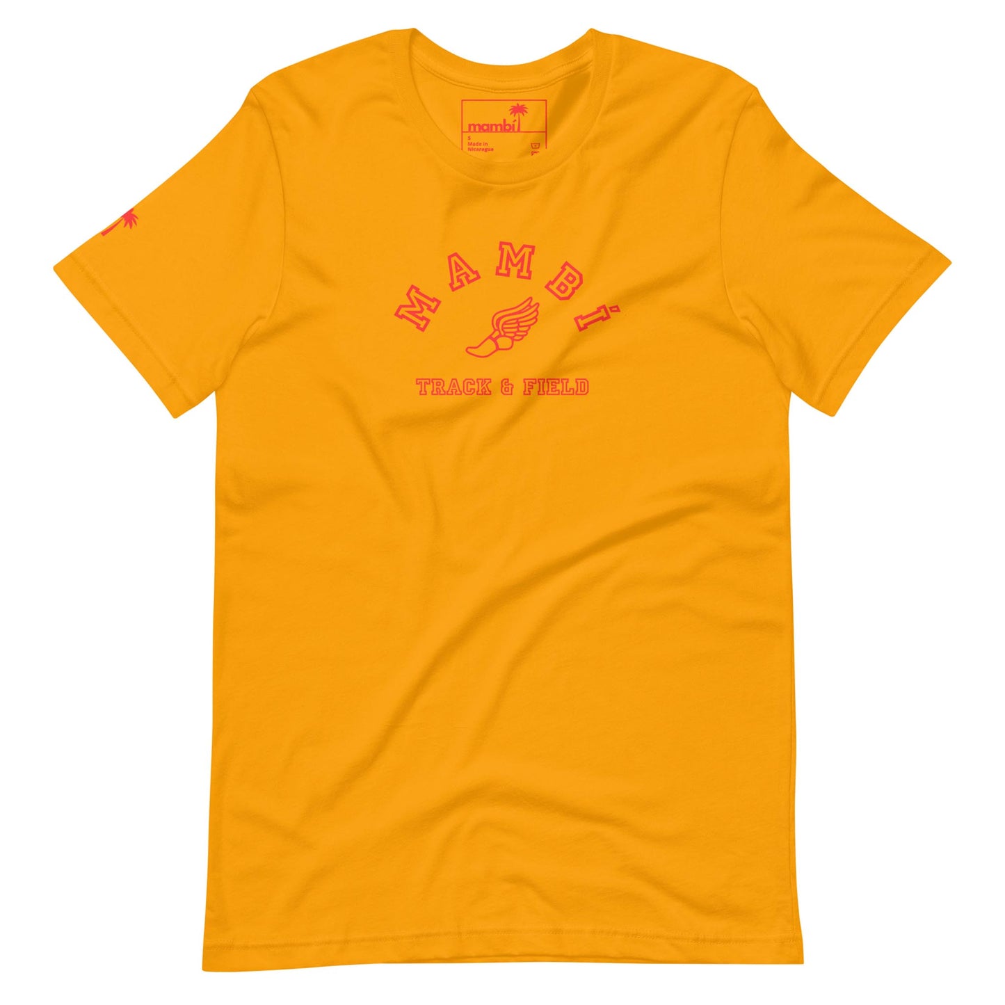 Bright yellow Mambí T-shirt featuring red text reading MAMBI TRACK & FIELD and a winged foot graphic on the chest; a small red emblem accents the left sleeve.