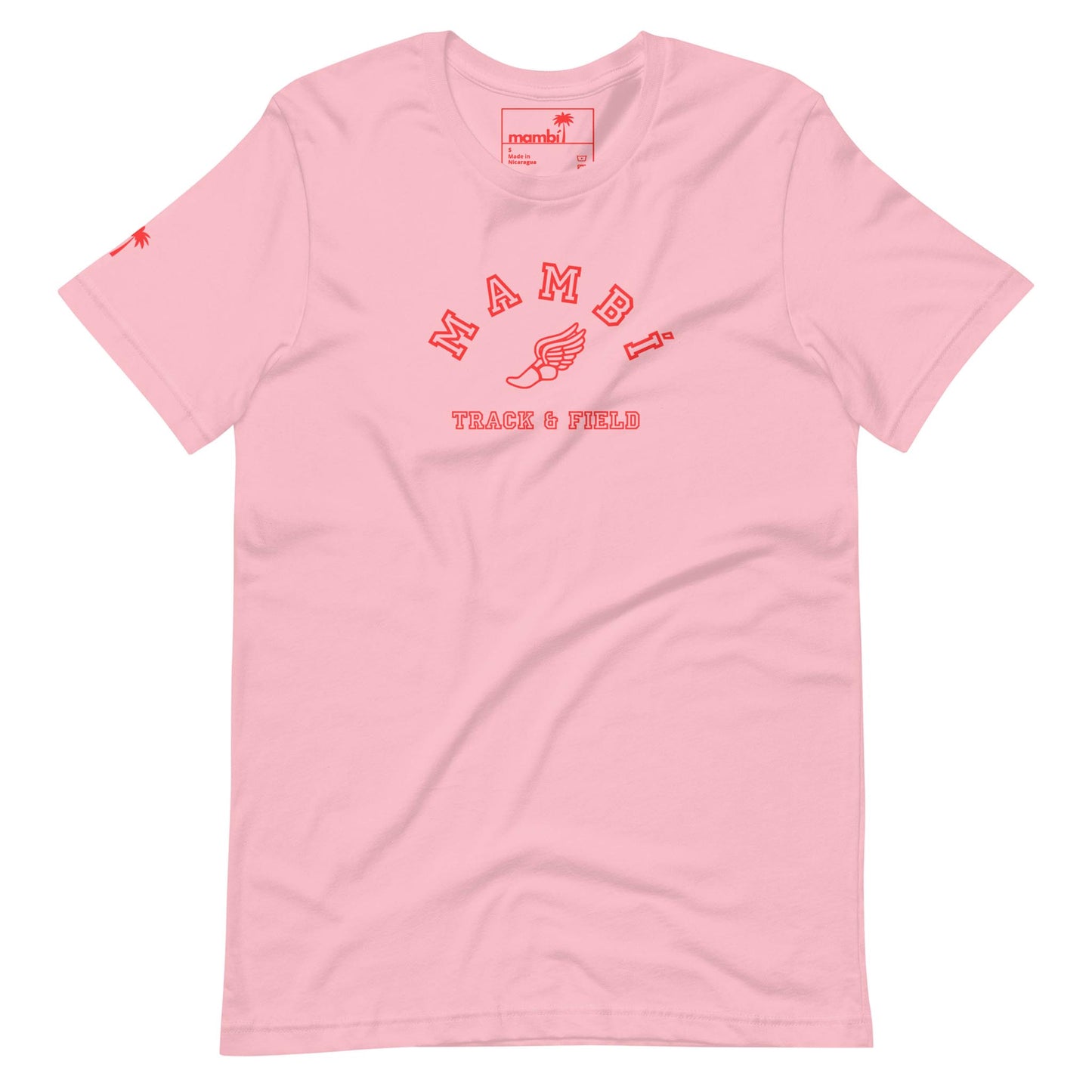 A light pink Mambí T-shirt with red text reading TRACK & FIELD and a winged foot graphic in the center. A small red palm tree accents the left sleeve.