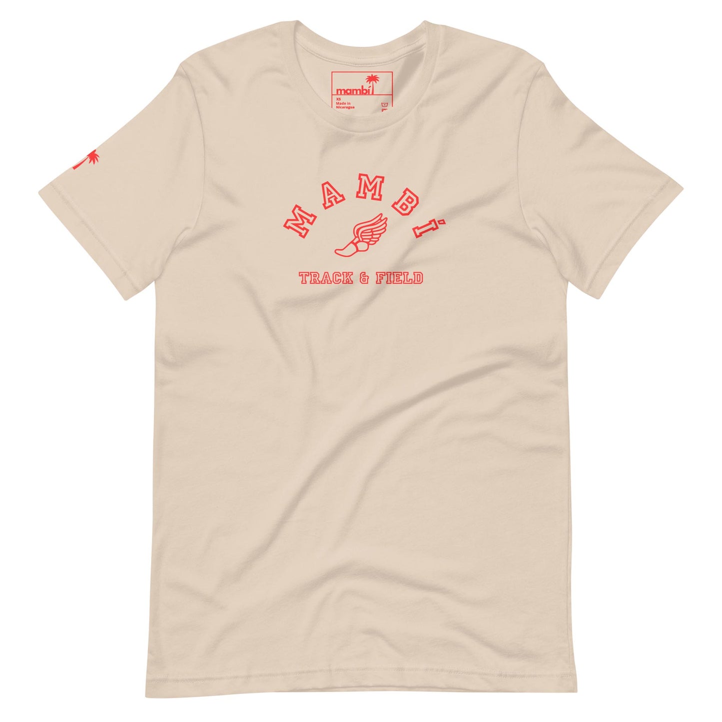 Beige t-shirt with red text that reads MAMBI TRACK & FIELD, featuring a winged foot graphic in the center. A small red palm tree accents the left sleeve, capturing a classic Mambí vibe.