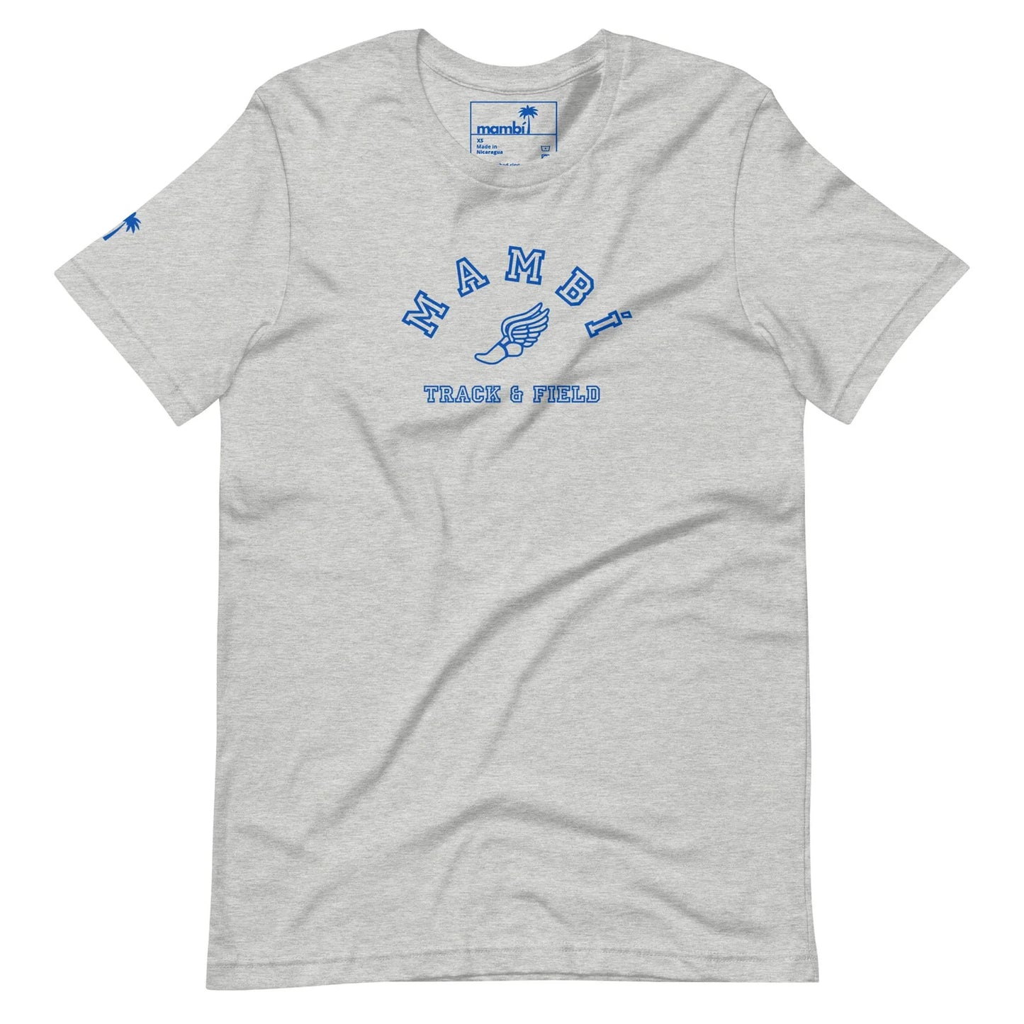 The Printful Falcon Varsity Track & Field Tee is a light gray unisex shirt from the Throwback Collection, featuring royal blue MAMBI text above a winged foot graphic and TRACK & FIELD below, with short sleeves and a small logo on the right sleeve.