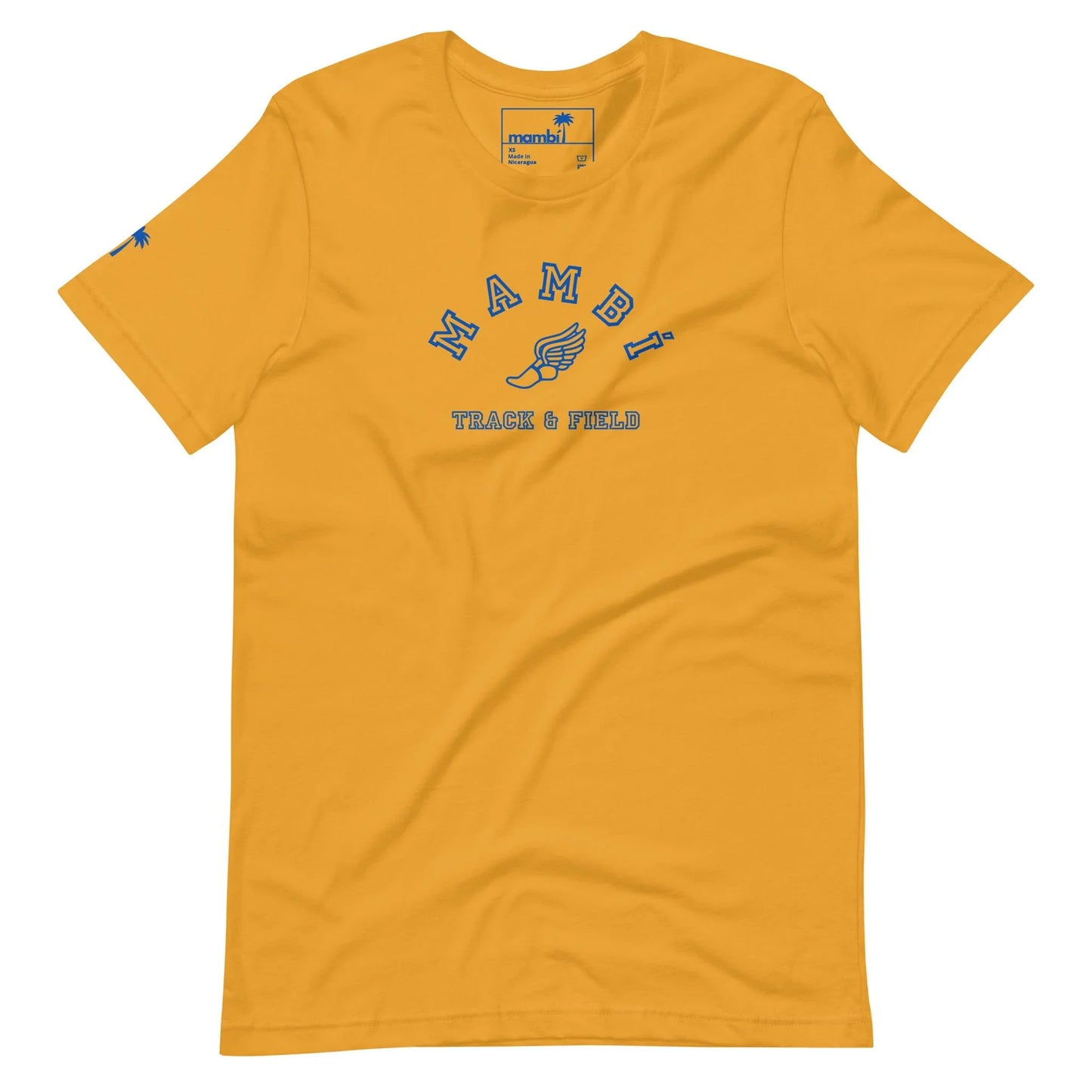 The Printful Falcon Varsity Track & Field Tee features bold royal MAMBI varsity letters and a winged foot graphic on yellow, finished with a blue sleeve logo and collar tag for a retro-meets-modern unisex look.