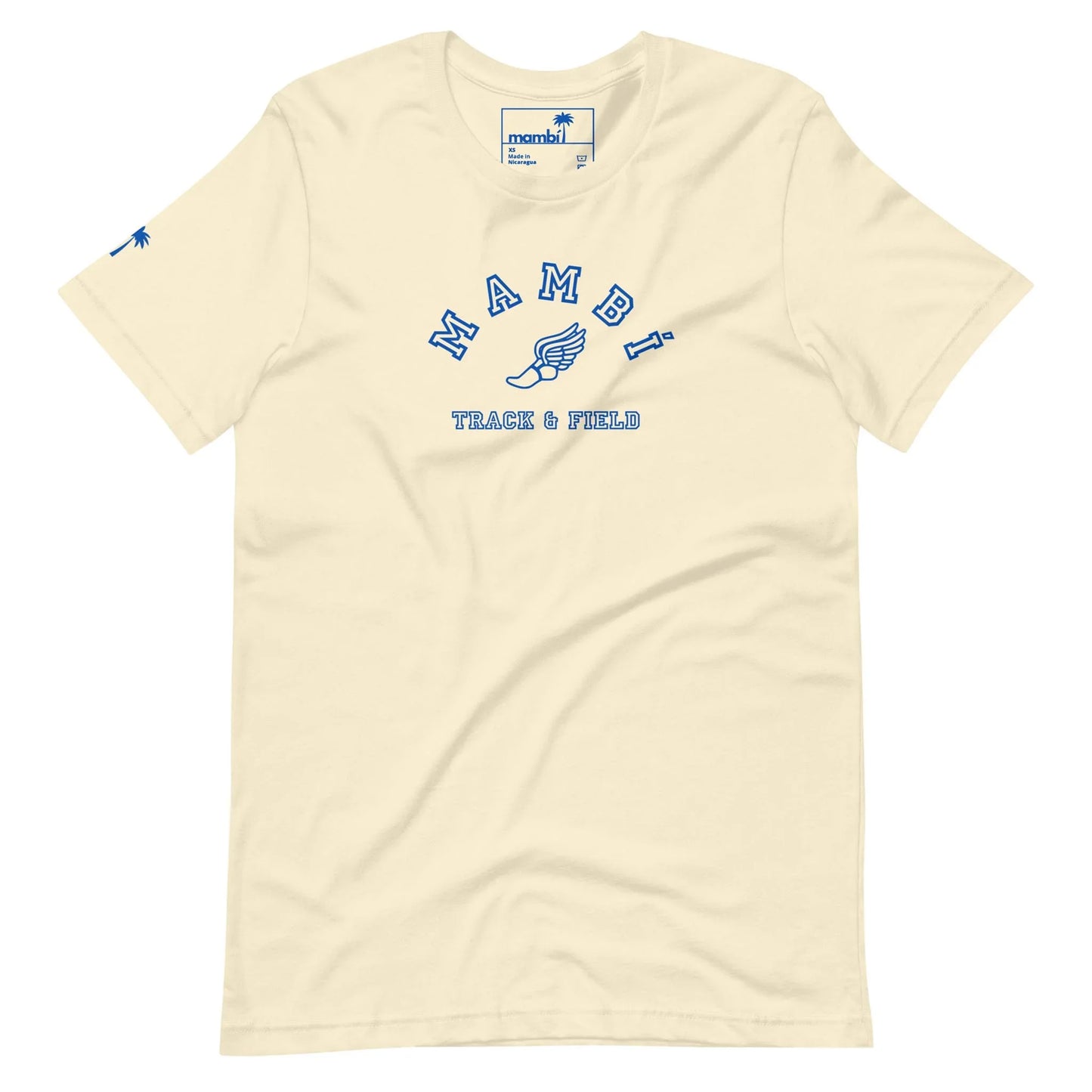 The Printful Falcon Varsity Track & Field Tee is a cream unisex shirt from the Throwback Collection, featuring blue MAMBI TRACK & FIELD and winged shoe graphics, a palm tree on the sleeve, and a visible collar tag for modern comfort.