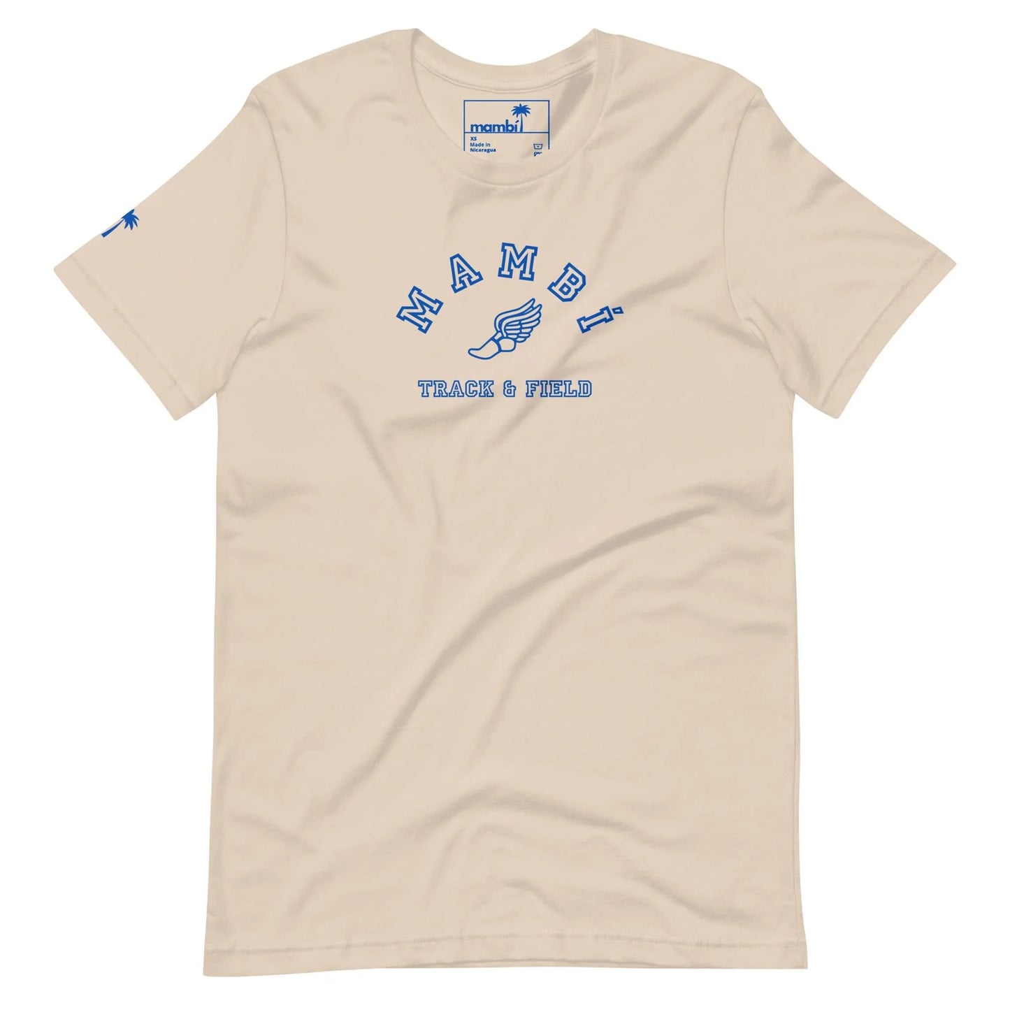 The Falcon Varsity Track & Field Tee by Printful is a beige unisex t-shirt from the Throwback Collection, featuring royal blue MAMBI TRACK & FIELD text, a winged foot graphic, and a small blue palm tree icon on the left sleeve.