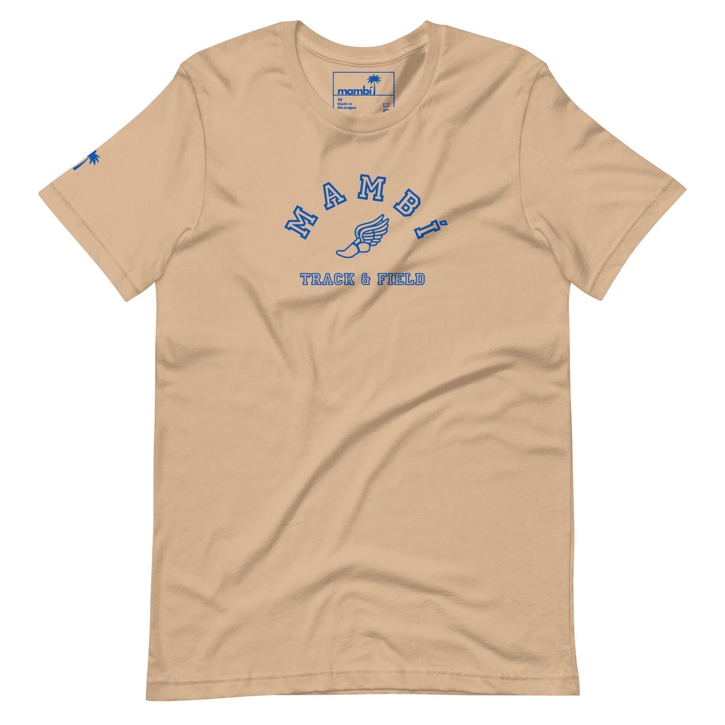 Part of our Throwback Collection, the Printful “Falcon” Varsity Track & Field Tee pairs vintage style with modern comfort. This beige unisex shirt features royal blue MAMBI TRACK & FIELD text, a winged shoe graphic, and a small blue palm tree on the left sleeve.