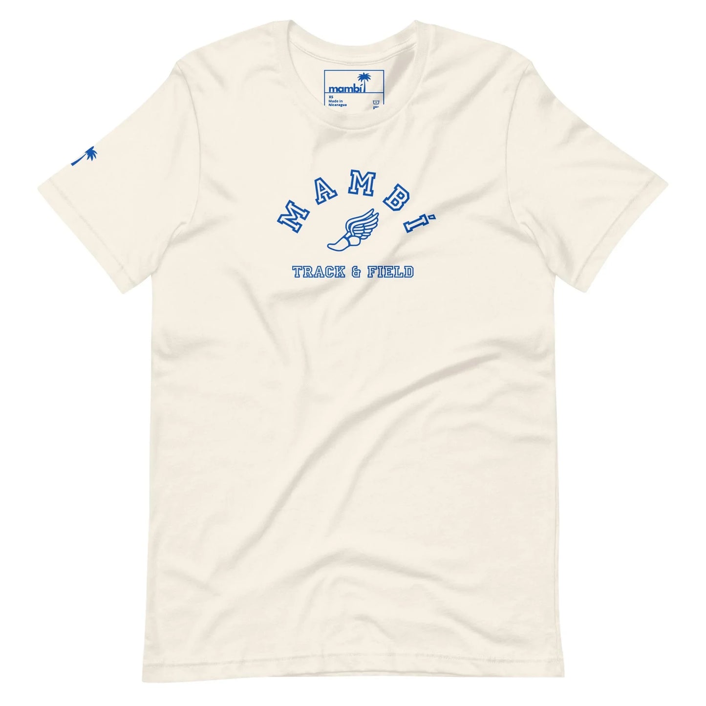 The Falcon Varsity Track & Field Tee by Printful is a cream-colored unisex shirt with royal blue MAMBI TRACK & FIELD text and a winged shoe graphic on the front, plus a small blue palm tree on the left sleeve.