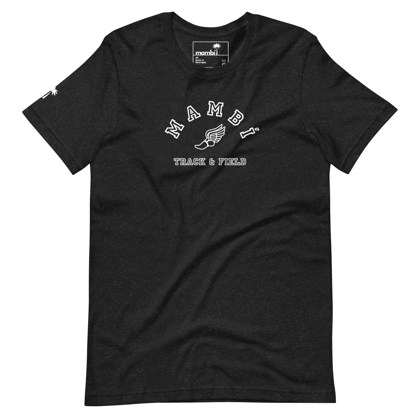 Black t-shirt featuring MAMBI in bold white letters, a winged shoe graphic, and TRACK & FIELD below. Includes a small Mambí logo on the left sleeve and a neck label.