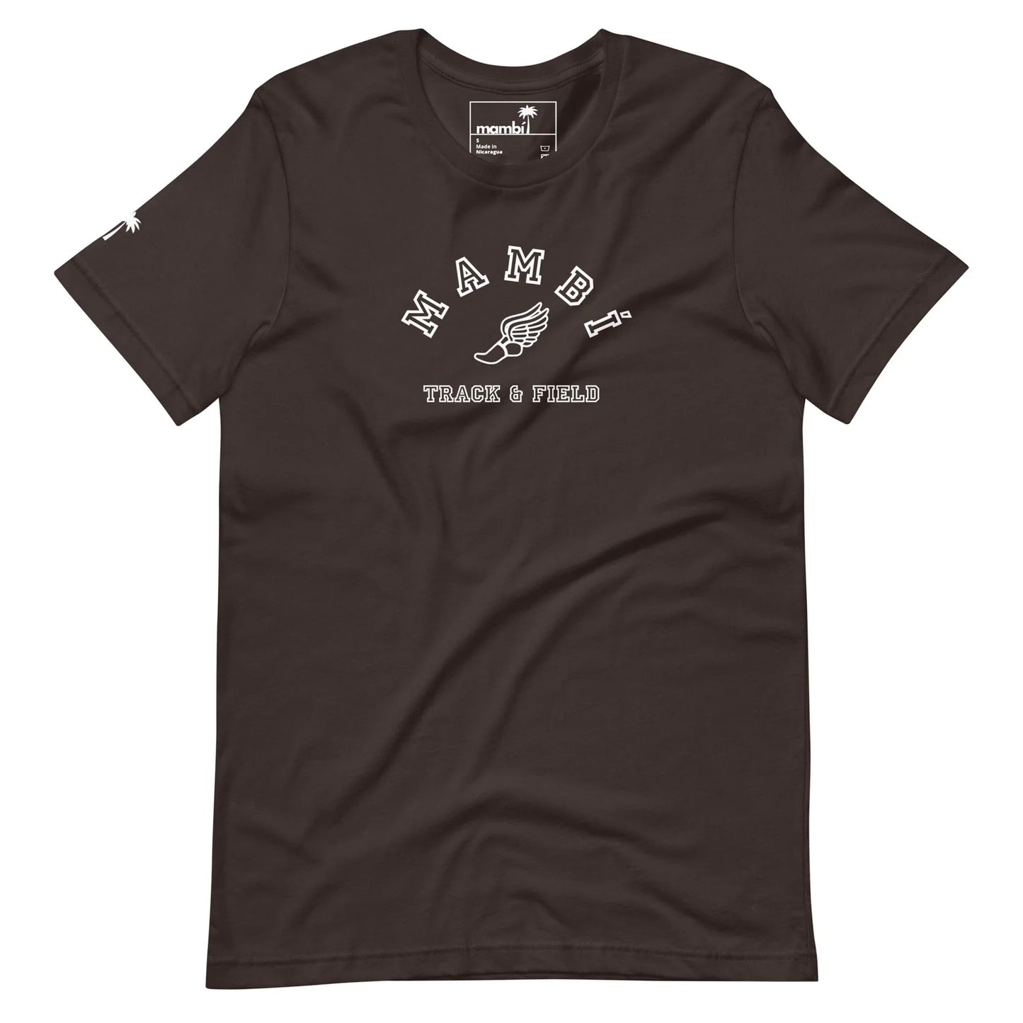 A black t-shirt featuring the word Mambí in white, arched letters above a winged foot graphic. Below, TRACK & FIELD is printed in bold white capital letters.