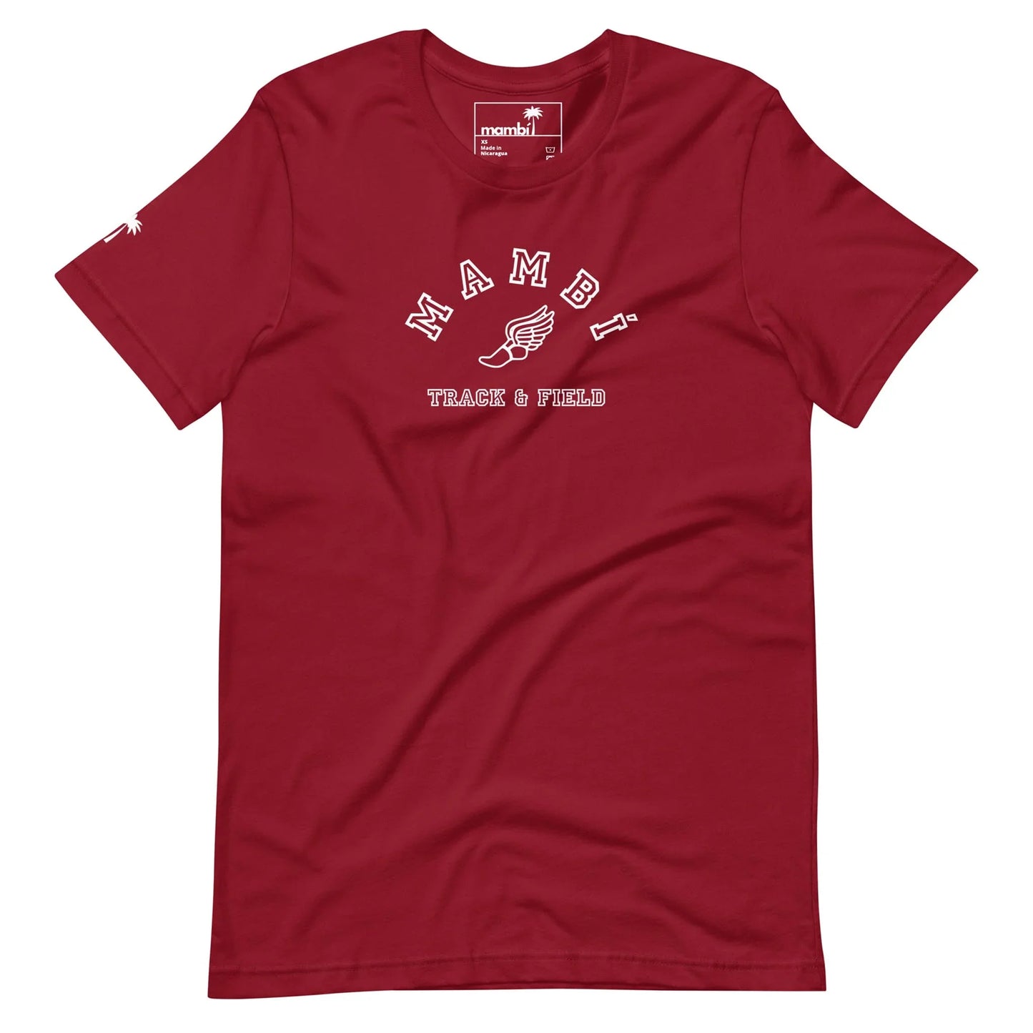 A red t-shirt with the text MAMBI TRACK & FIELD in white, featuring a winged shoe graphic between the words Mambí and TRACK & FIELD.
