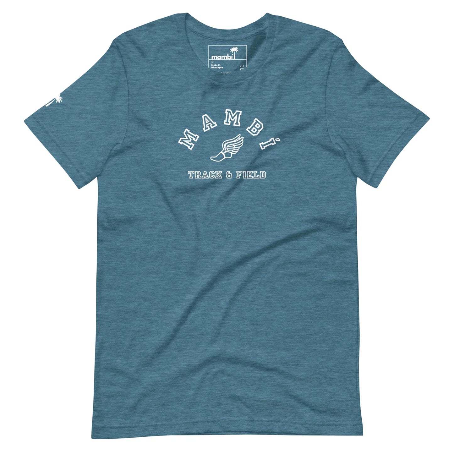 Blue short-sleeve T-shirt with MAMBÍ in white, arched text above a winged foot graphic. TRACK & FIELD is printed below. The shirt features a small logo on the left sleeve and a neck tag.