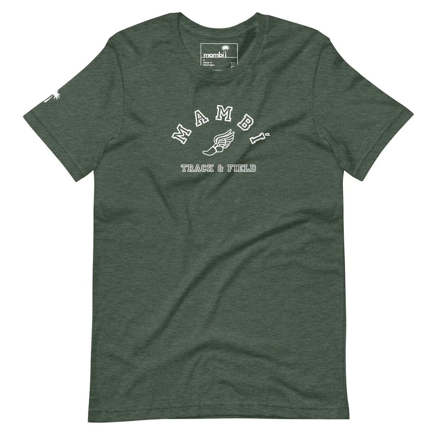 Dark green t-shirt featuring “Mambí” in white, an illustrated winged shoe, and “TRACK & FIELD” beneath on the front. A small white logo accents the left sleeve.