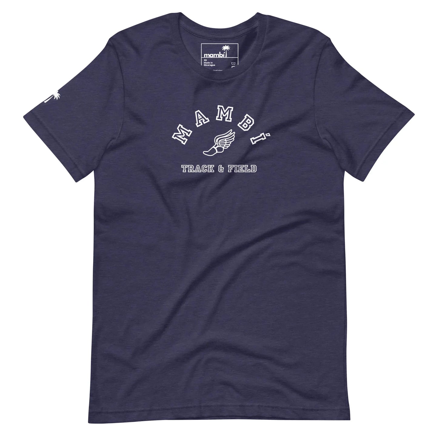 Navy blue t-shirt featuring Mambí in white letters, a winged foot graphic, and TRACK & FIELD below on the front. A small white graphic accents the left sleeve.