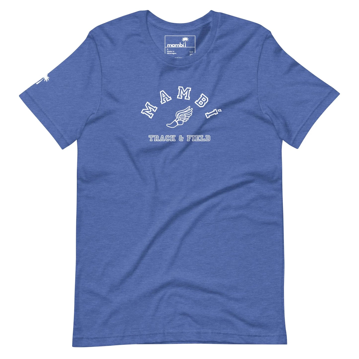 A blue t-shirt featuring Mambí in bold, arched white text above a winged shoe graphic. TRACK & FIELD appears below in smaller white letters. The shirt has a crew neck and short sleeves.