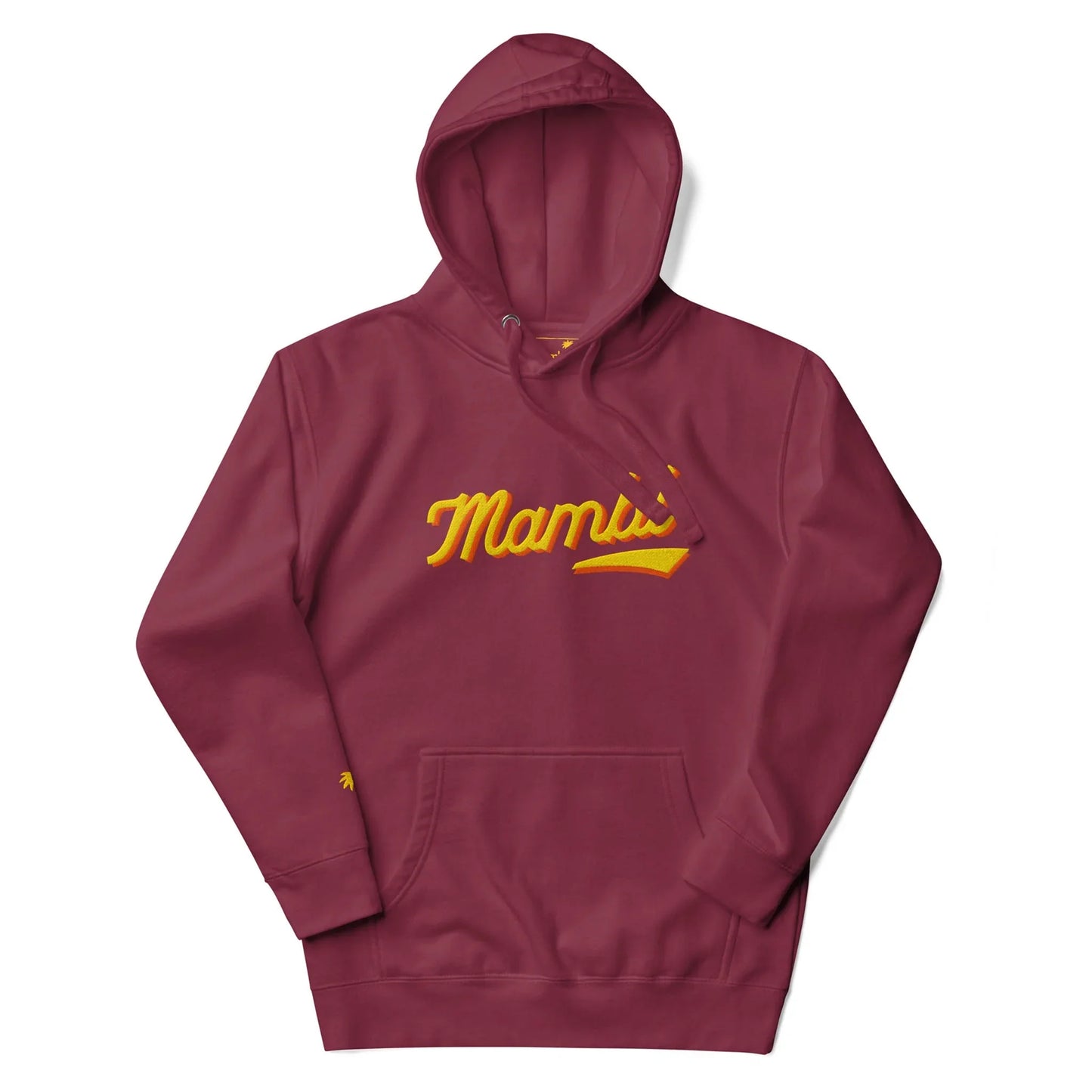 A maroon hooded sweatshirt featuring Mambí-inspired yellow script Mami across the chest with a yellow underline accent, front pocket, and drawstrings.