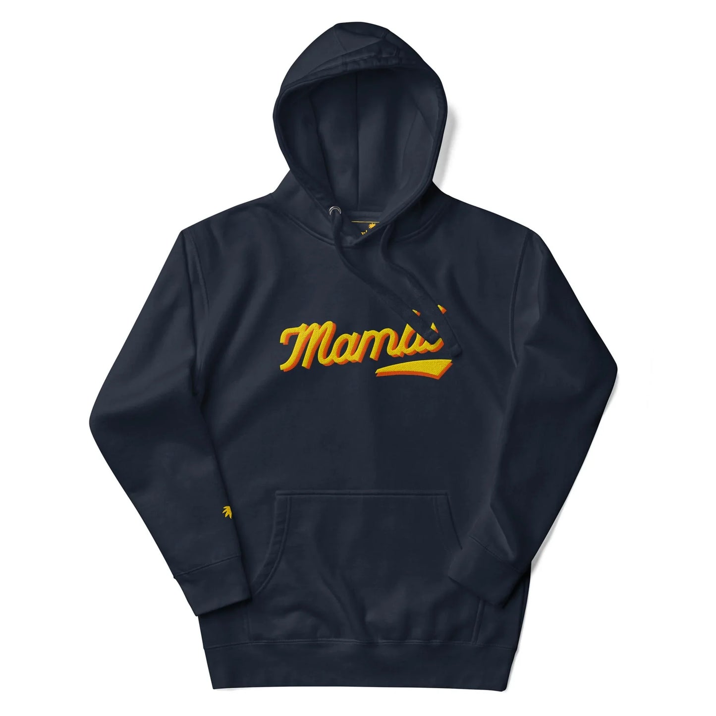 A navy blue hooded sweatshirt featuring the word Mambí in yellow cursive across the chest, with three small yellow lines above the writing. This hoodie includes a front pocket and stylish drawstrings.