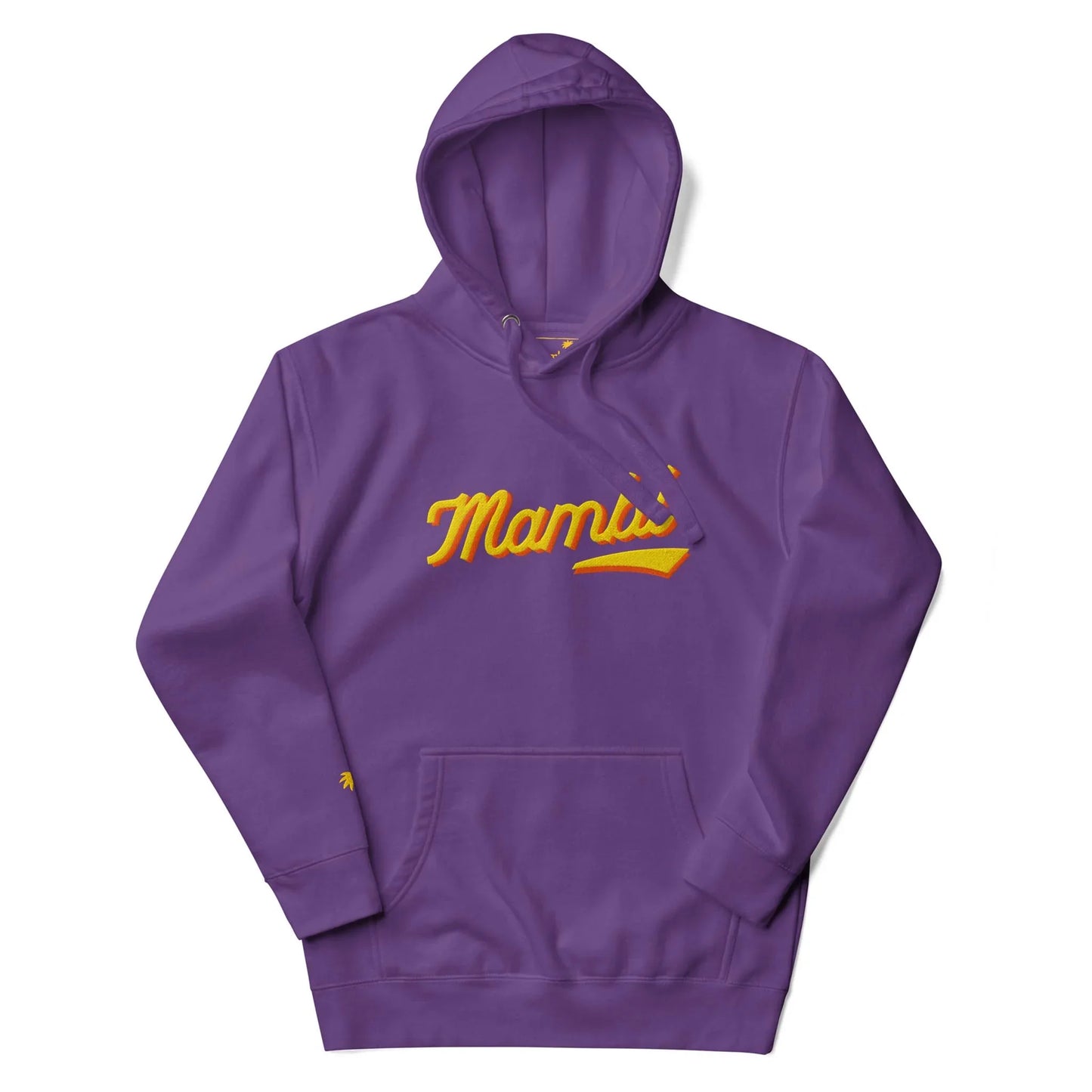 A purple hooded sweatshirt featuring the word Mama in yellow script across the chest, a small yellow accent below, and matching purple drawstrings. This cozy hoodie has a front pocket and subtle Mambí charm.